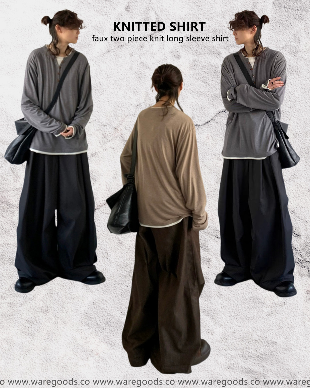 W35假兩件開胸長袖T恤