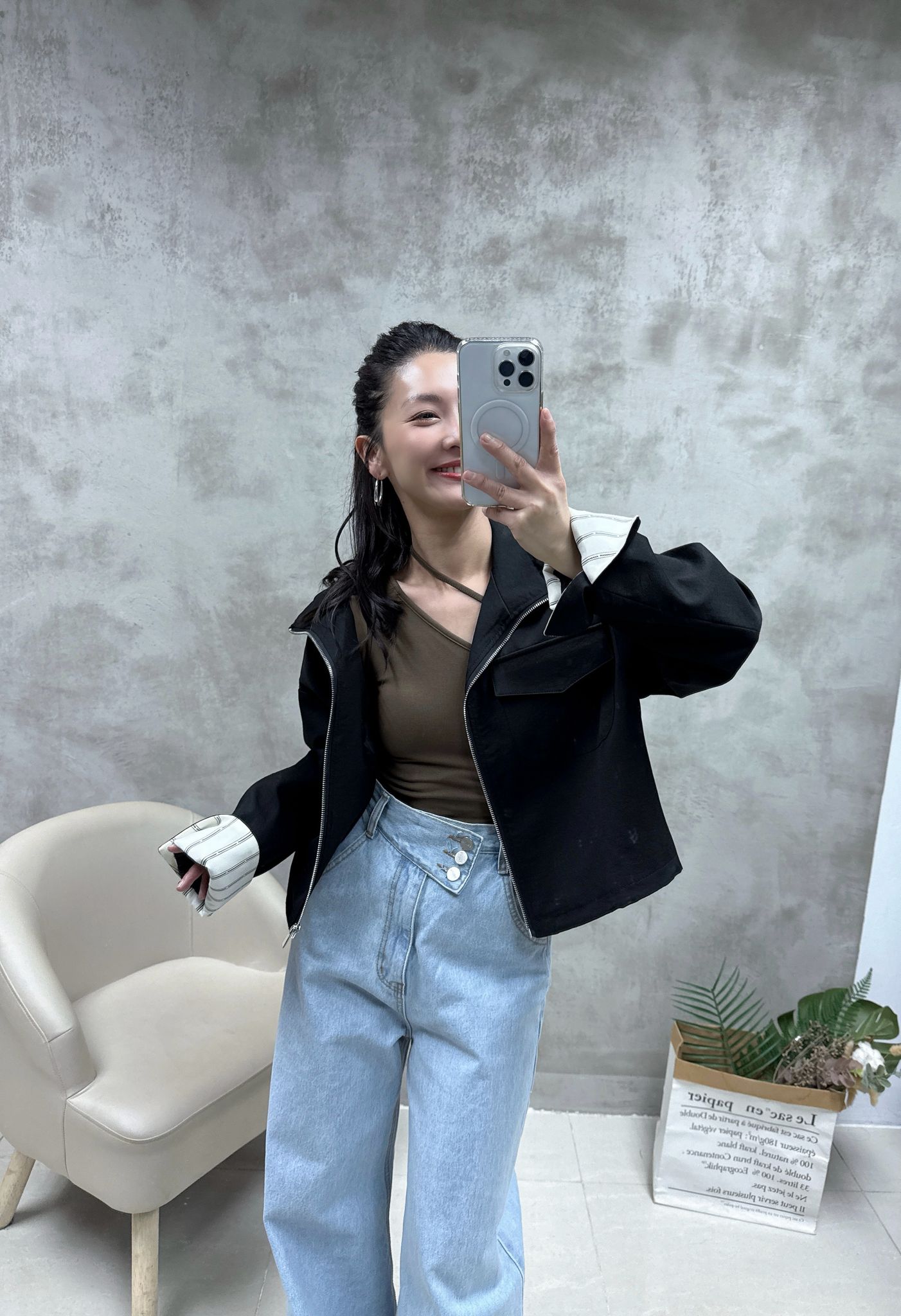 條子䄂束腰恤衫棉外套