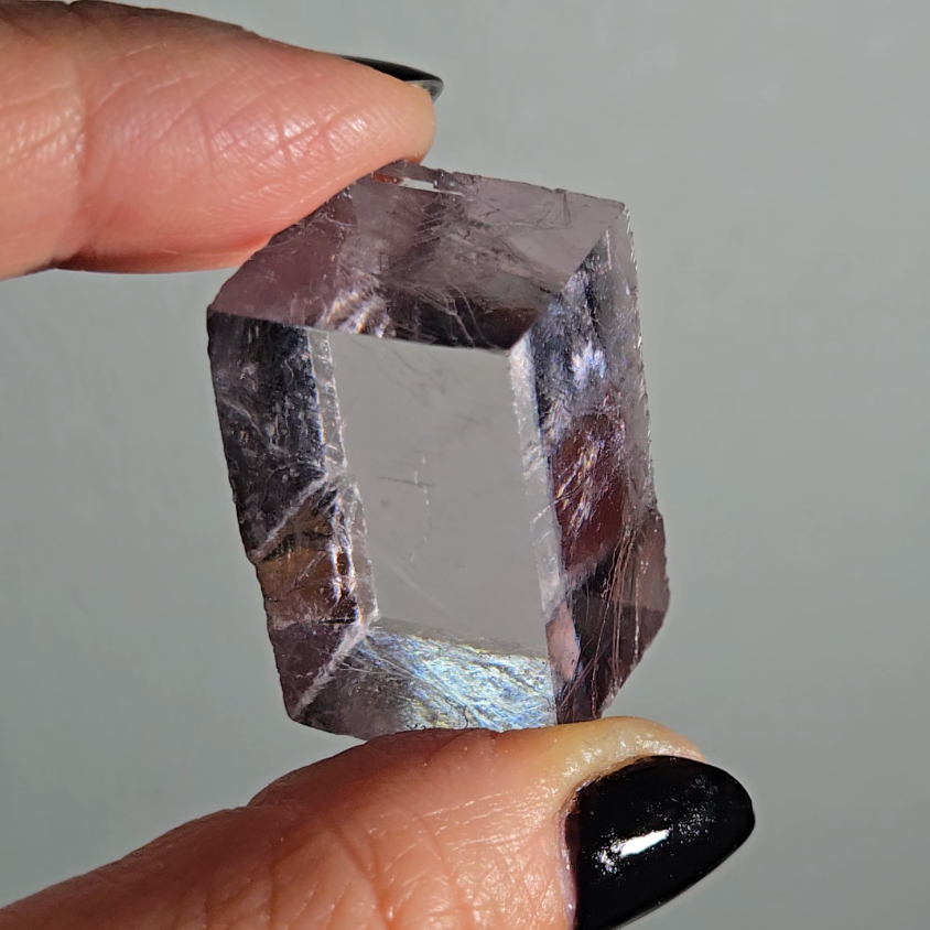 Purple calcite cube with rainbows - PC3