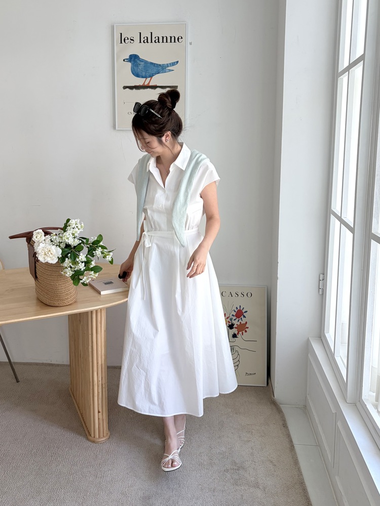 Elasticated Waist Shirt Dress (White)