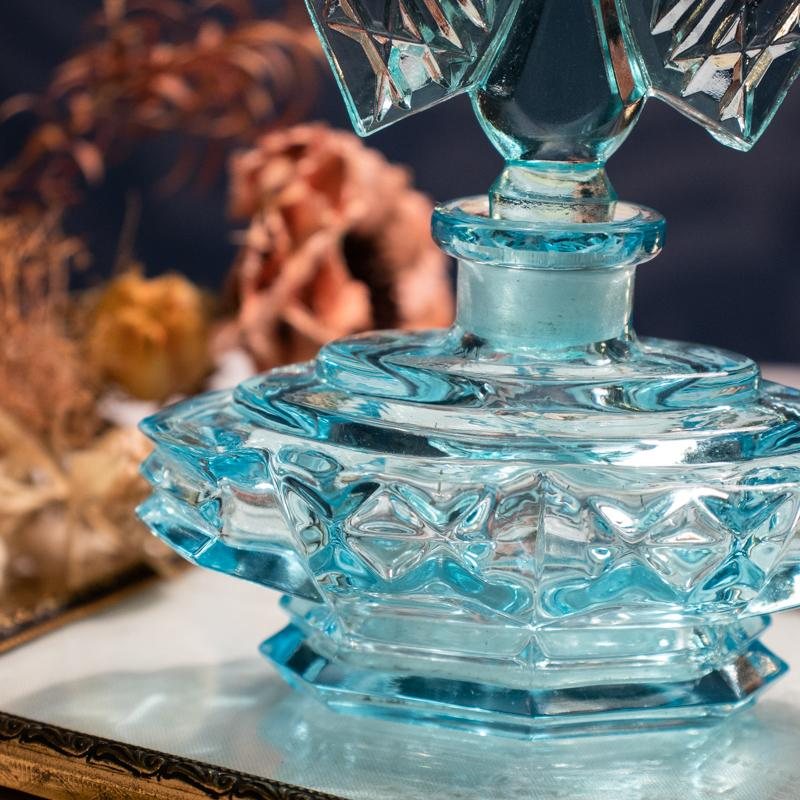 1960s Czechoslovakia Art Deco Inspired-Pattern Pressed Glass Vanity Perfume Bottle -Aqua Blue(MW013)