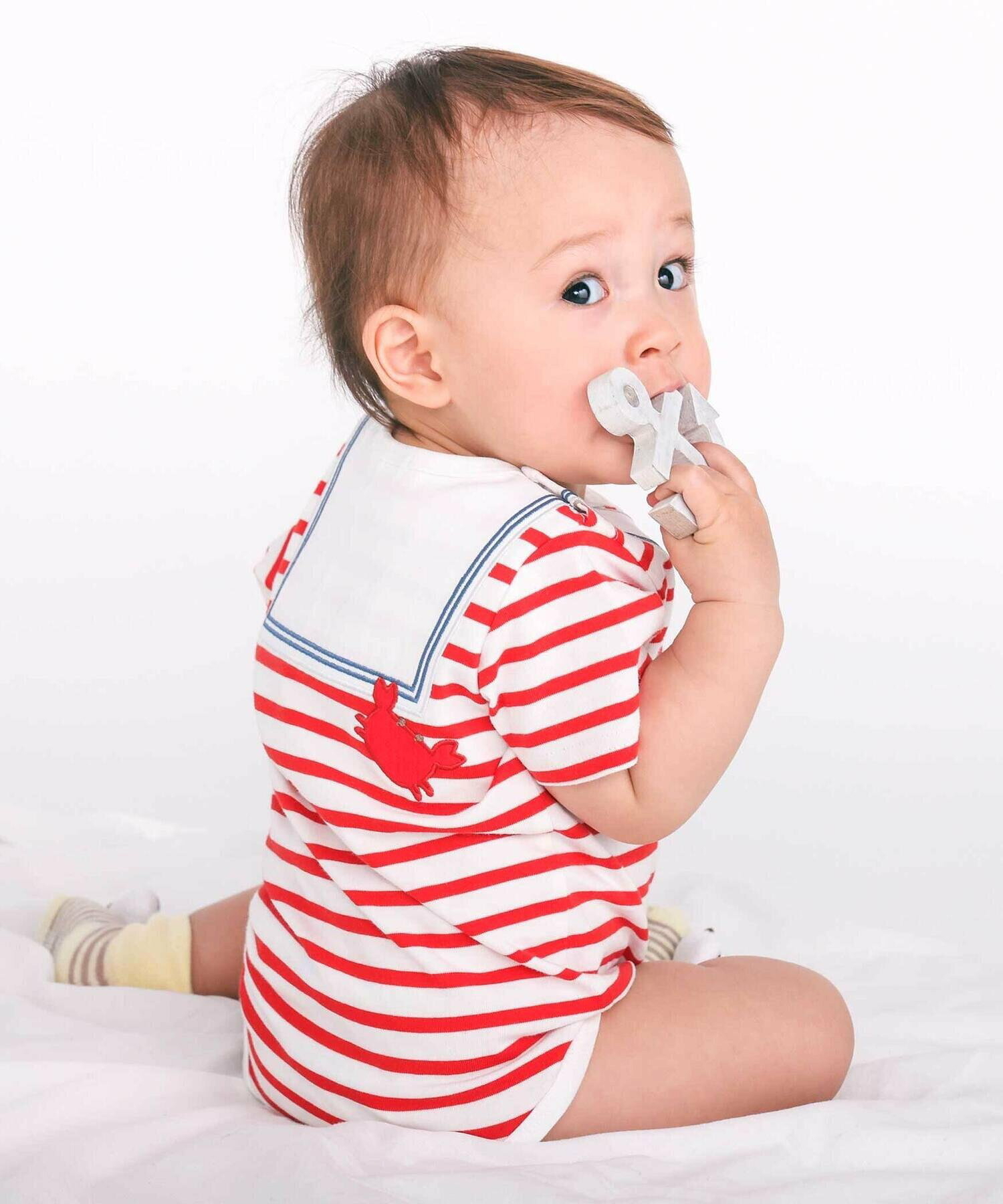 🇯🇵預訂 日本直送🇯🇵Slap Slip Baby兩色指南針望遠鏡印花水手領貼花短袖包屁衣