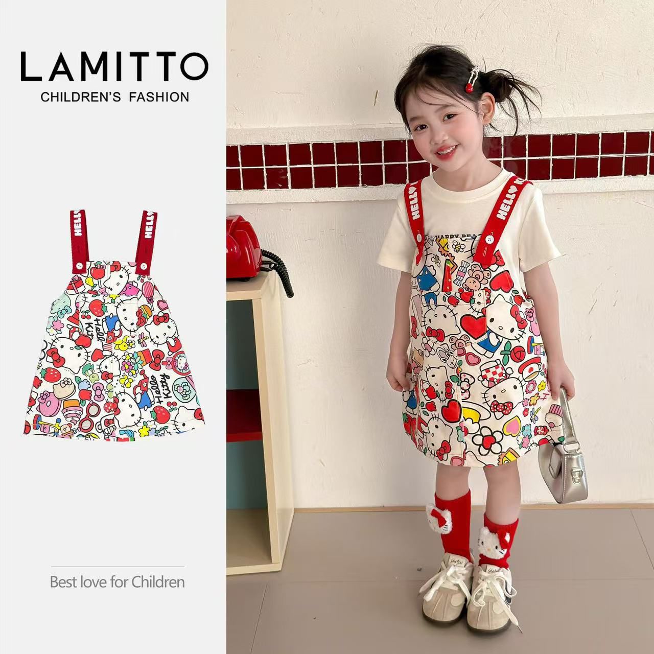 hellokitty 滿印背帶裙$78件。