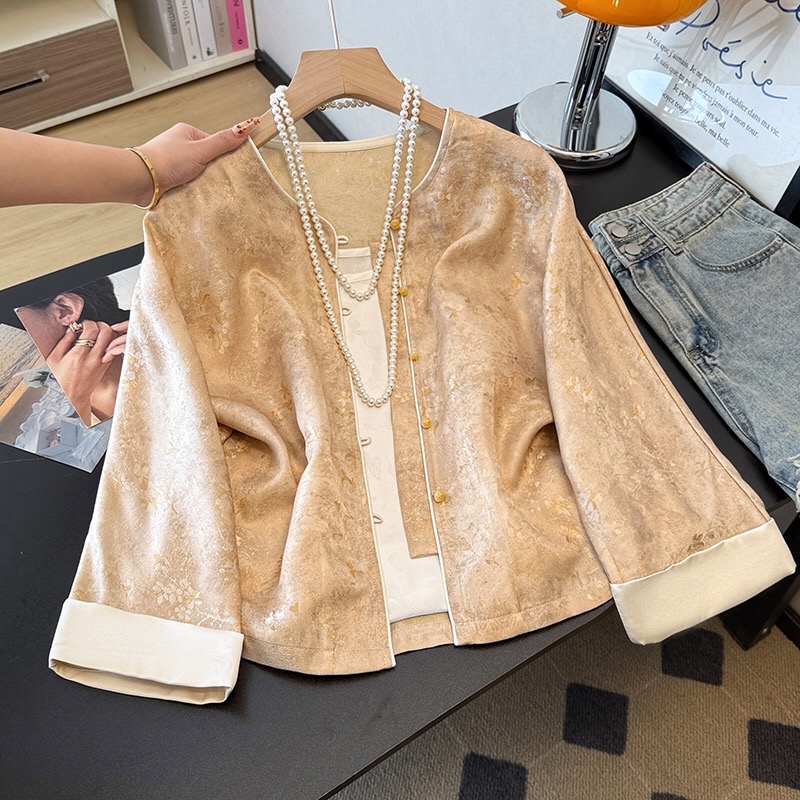 B138(0948) 新中式民族风人丝古典碎花提花卷边袖粉香槟外套上衣