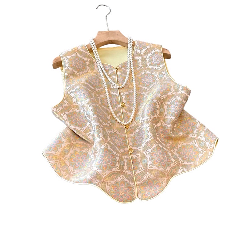 B101(0193) 新中式国潮圈型花重工提花前排珠子波浪下摆粉马甲上衣