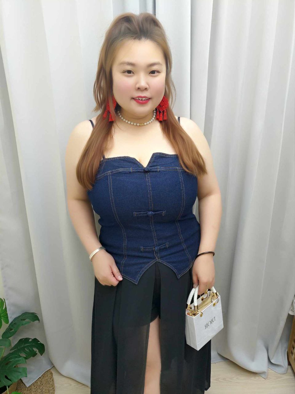 TW#5832 牛仔中国结设计可调吊带背心