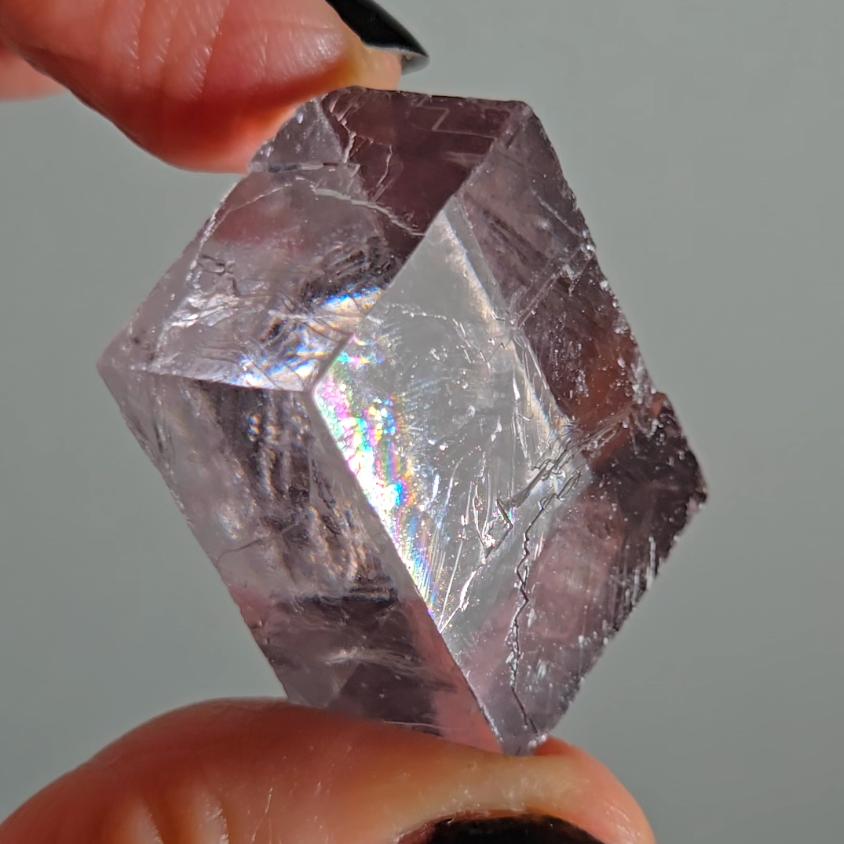Purple calcite cube with rainbows - PC5
