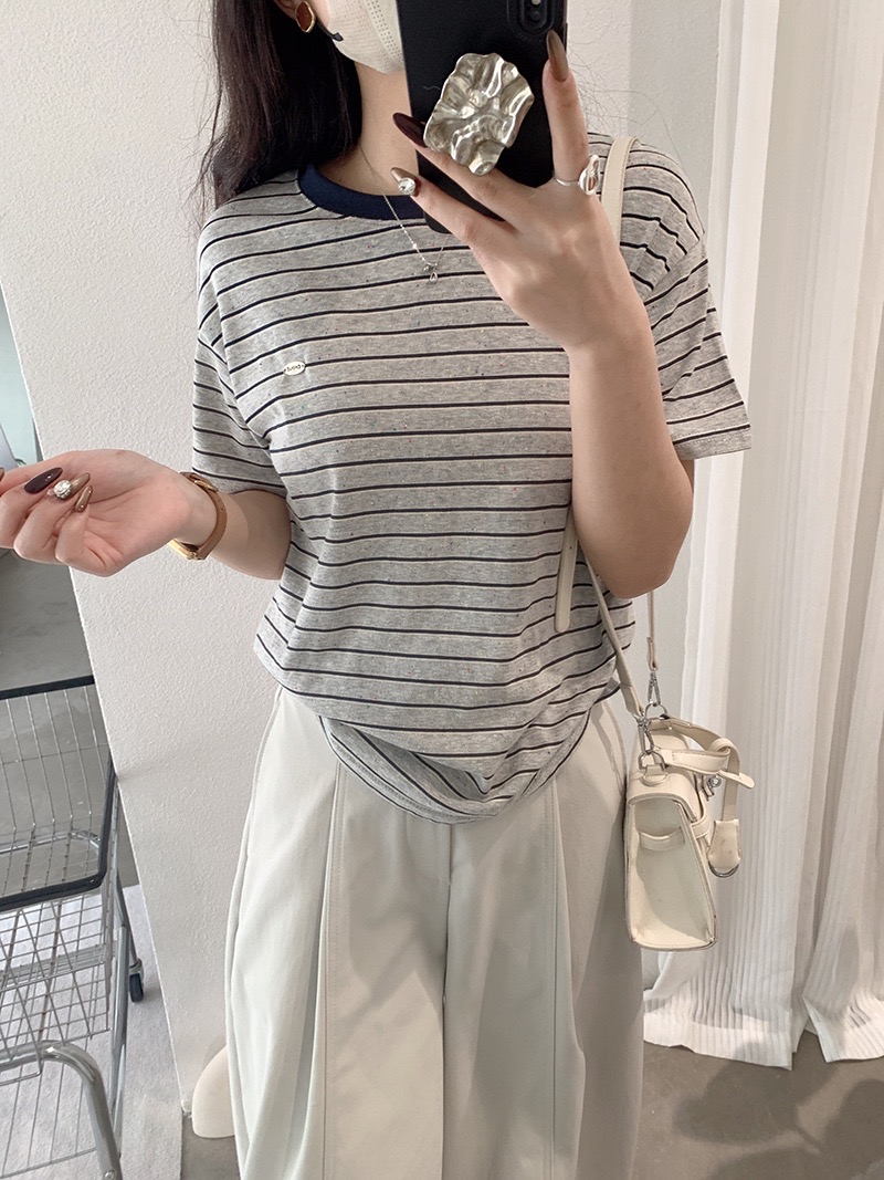 装色条纹短袖宽松Tee