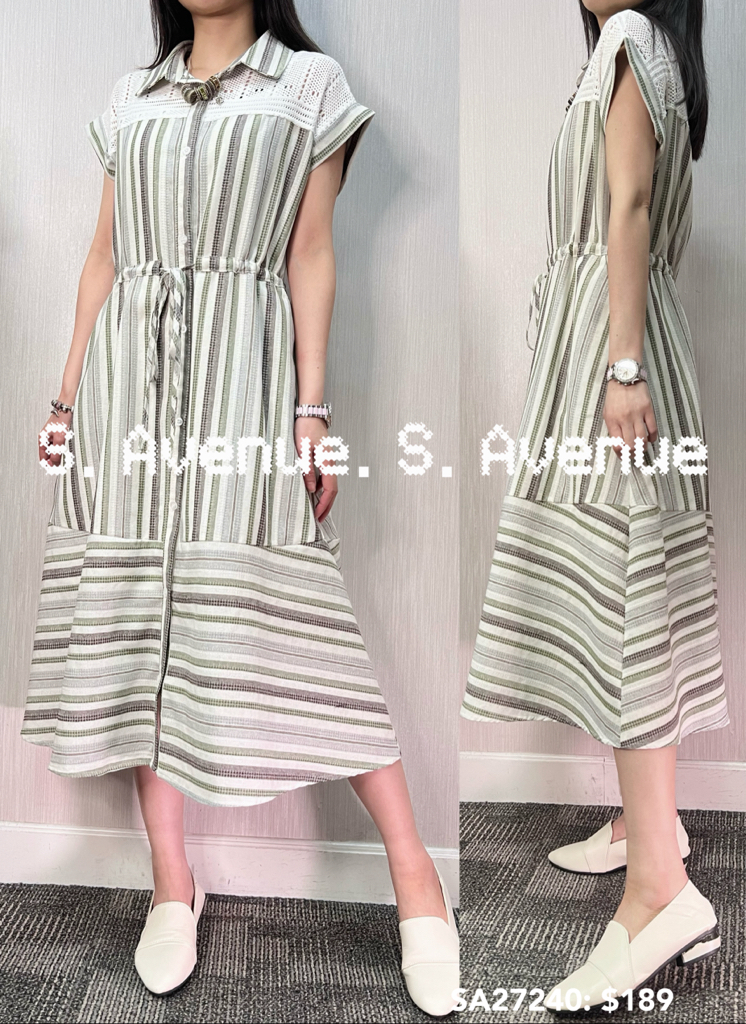 SA27240: 短袖領勾花直條有鈕束腰op