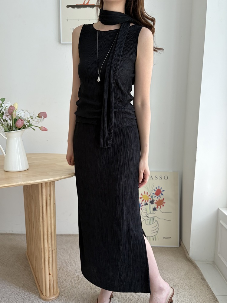 Summer Pleated Scarf Set (Black)