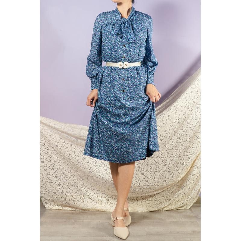 Vintage Japanese Trio-Colour Floral Pattern Tie Collar Day Dress (MT1608-129)