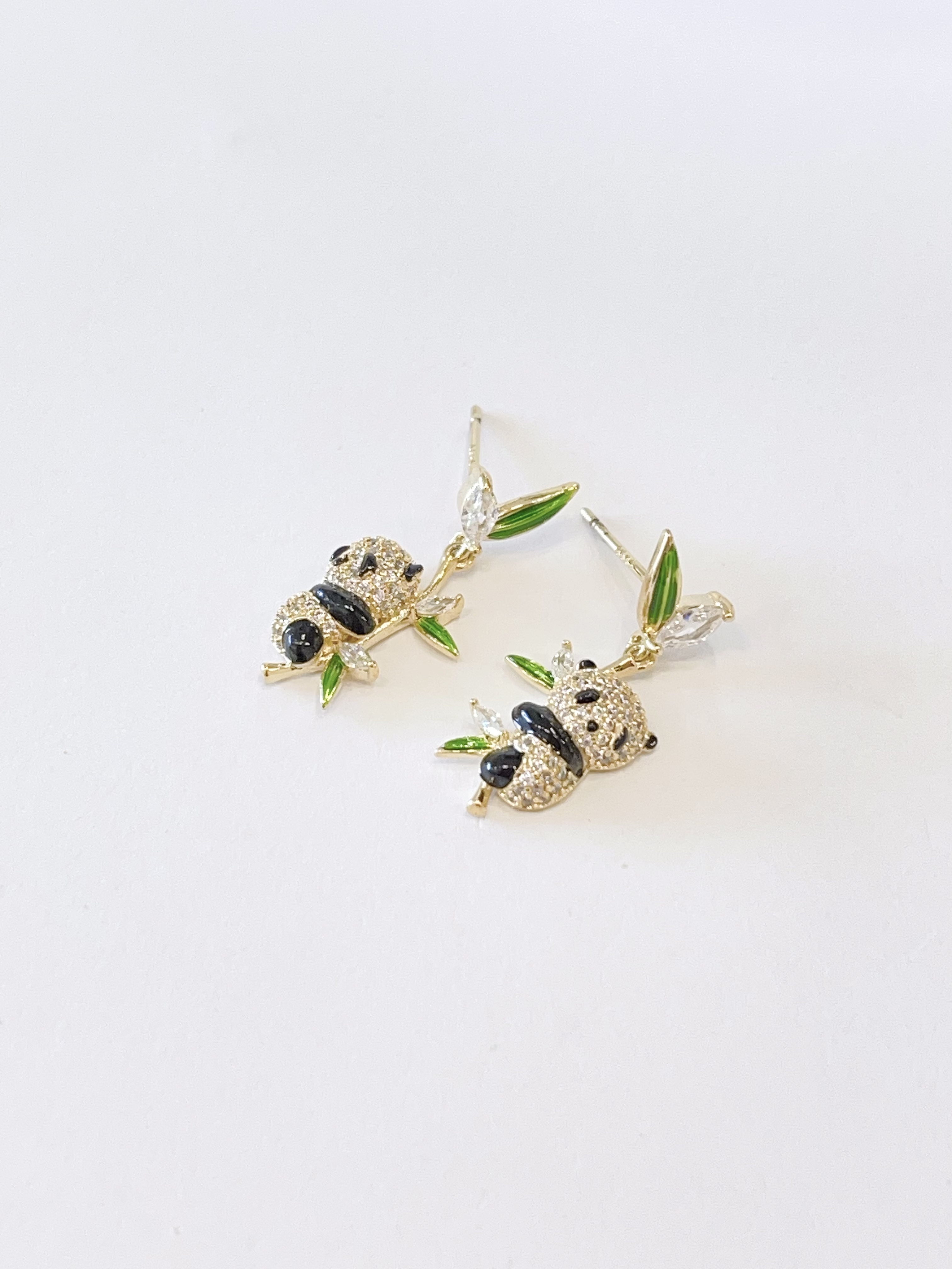 镶钻小熊猫节节高竹子耳环