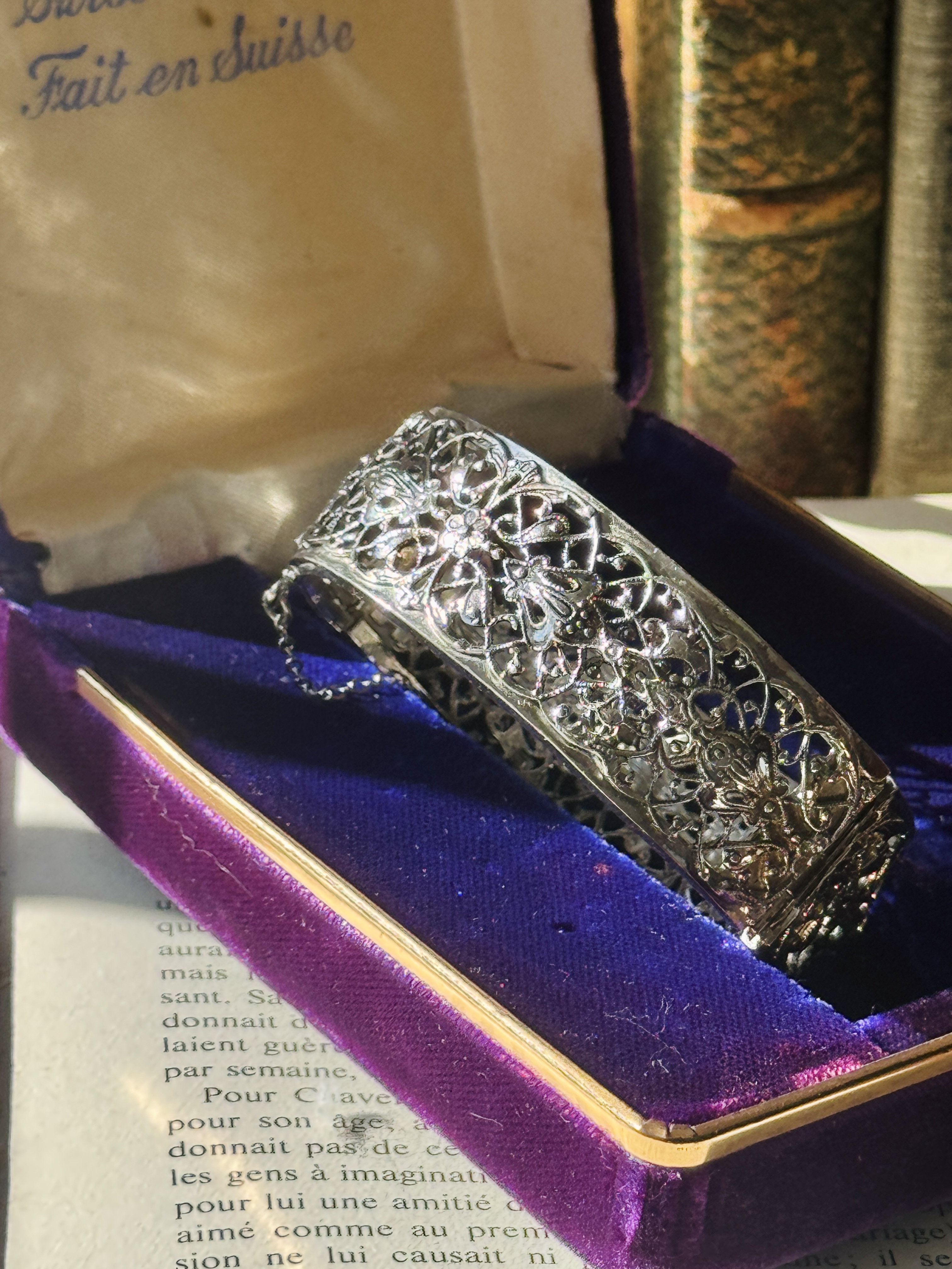 Vintage C.a. 1960s Silver Tone Filigree Style Bangle Bracelet -7.5"(MT2686）