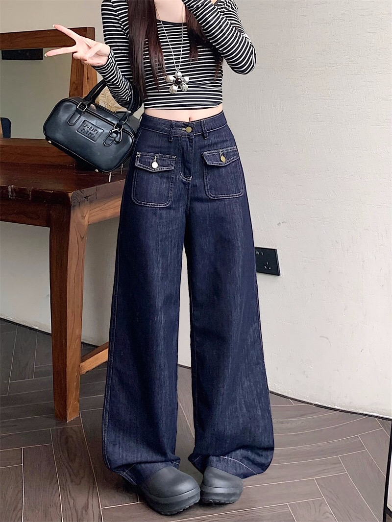 B126(5003) 韩版JEANS单钮双翻盖单钮口袋蓝直筒长裤