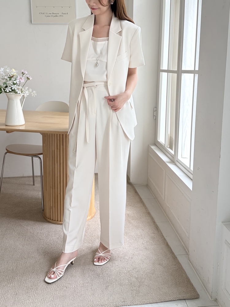 Aveline Belted Straight Slacks (Ivory)