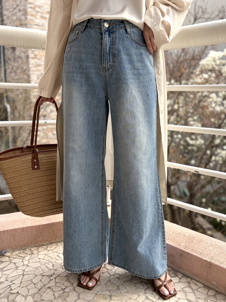 [薄!] Faded Wash Wide Leg Jeans