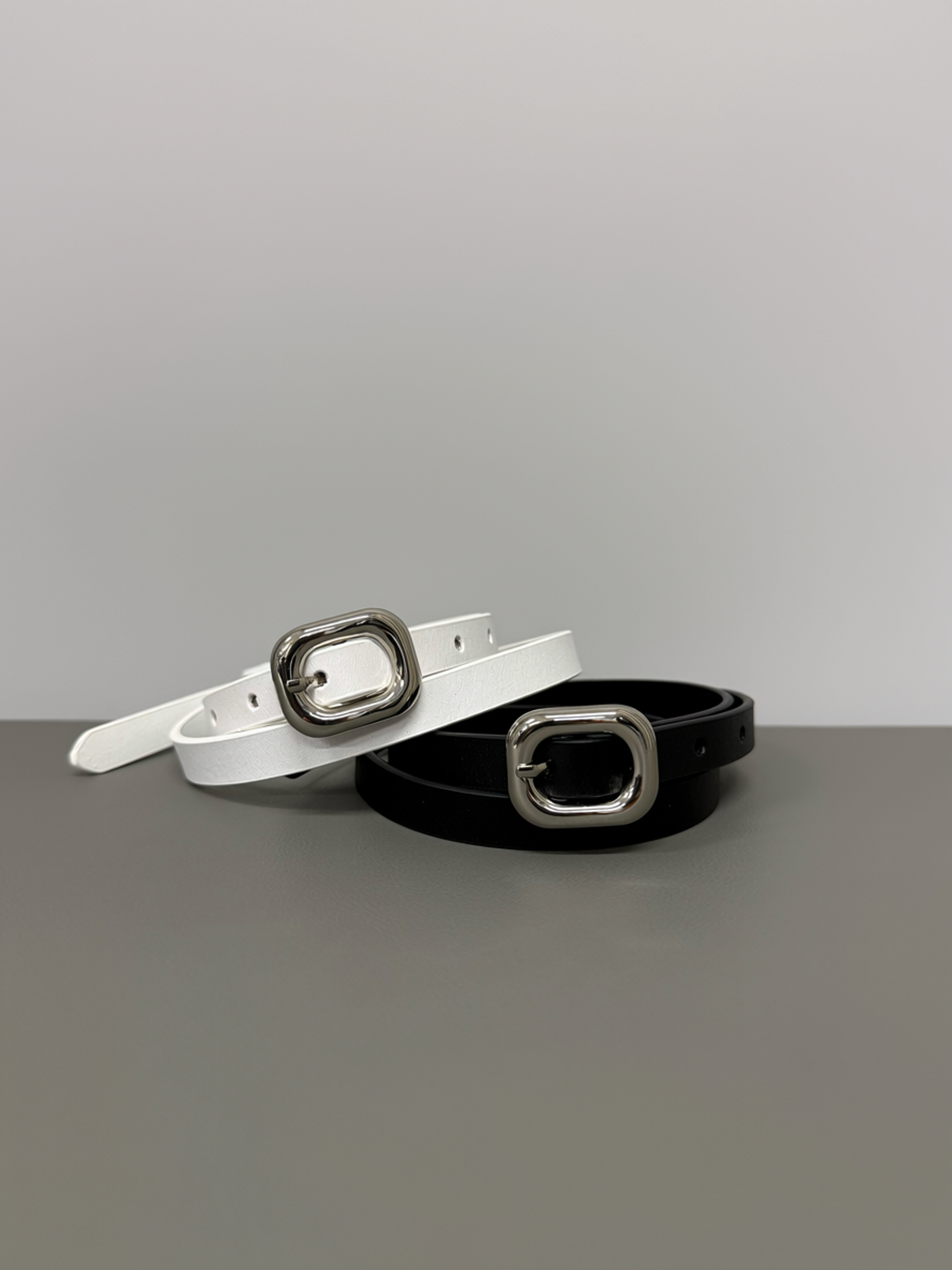Rounded Square Buckle Slim Leather Belt #be14