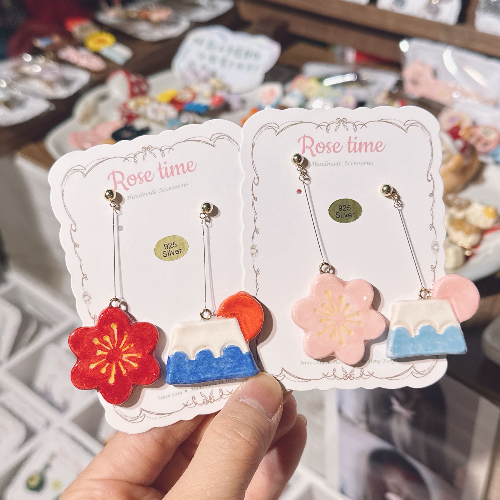 手繪 和風大花花富士山耳環 大紅/粉紅色