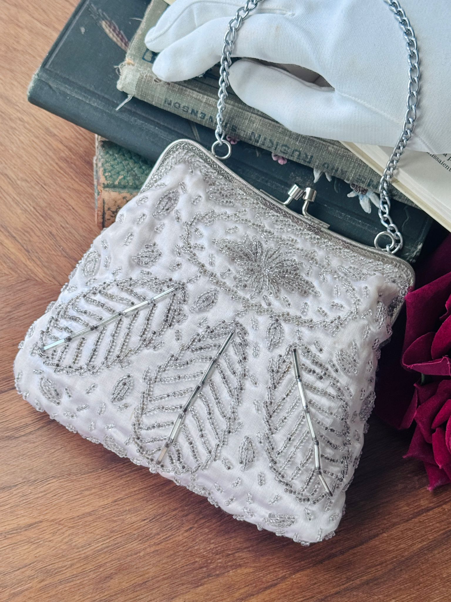 Vintage C.a. 1970s Hand Made in Hong Kong Silver Bead Satin Evening Bag (MT2604)