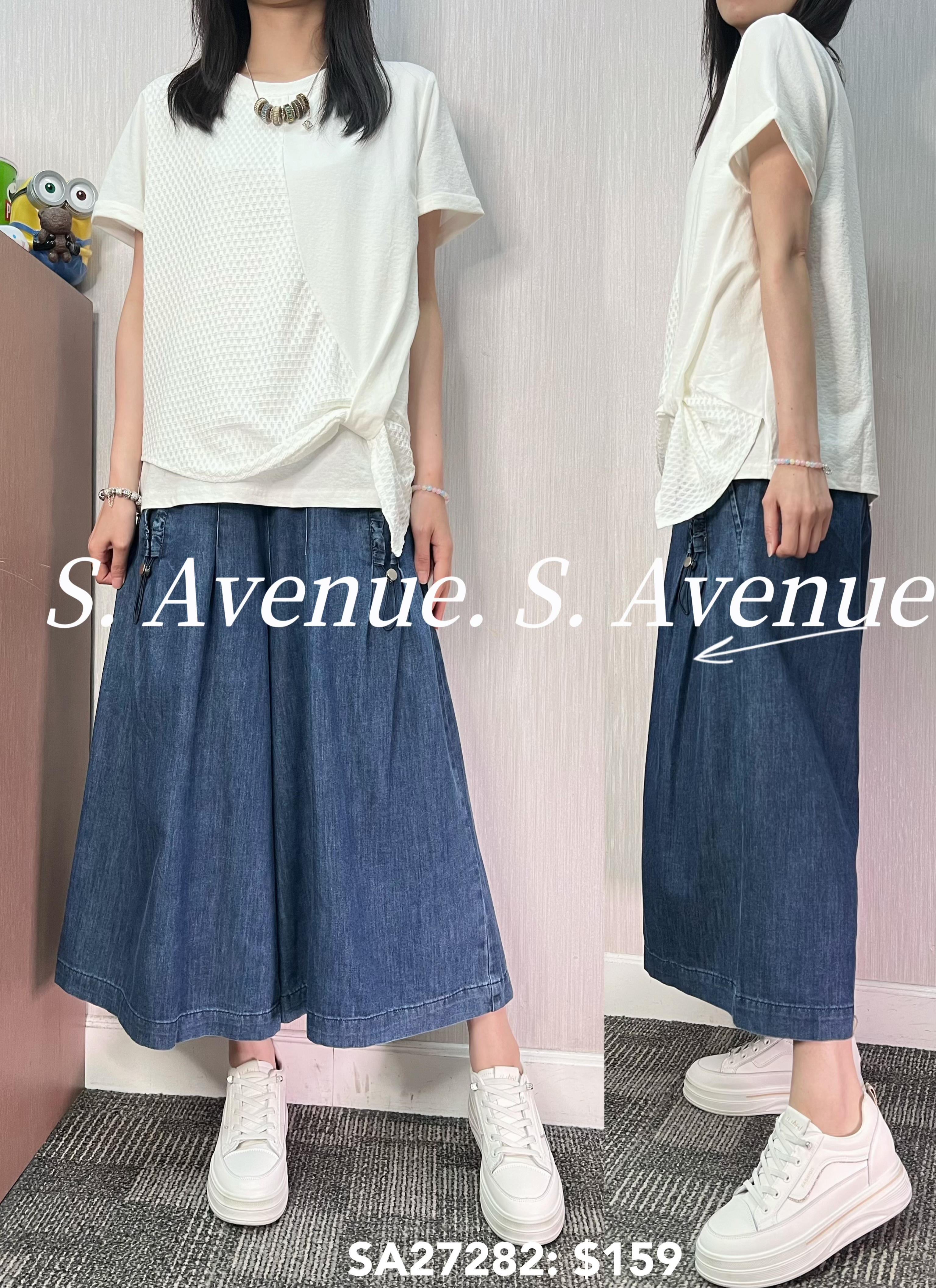 SA27282: 短袖拼網紗打結top