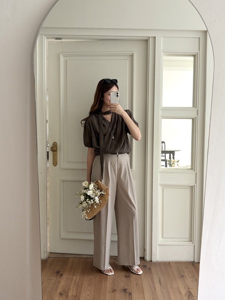 Louise Wrap Blouse with Tie (Brown)