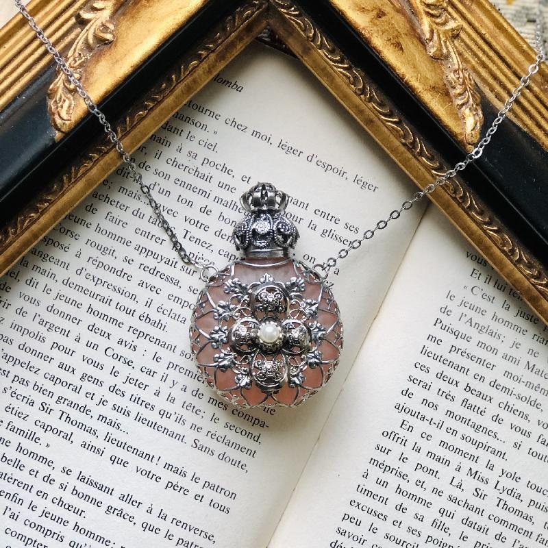 Vintage Recomposed Refined FIligree Design on Rosé Frosted Glass - Purse Perfume Glass Bottle Necklace(MT1696)