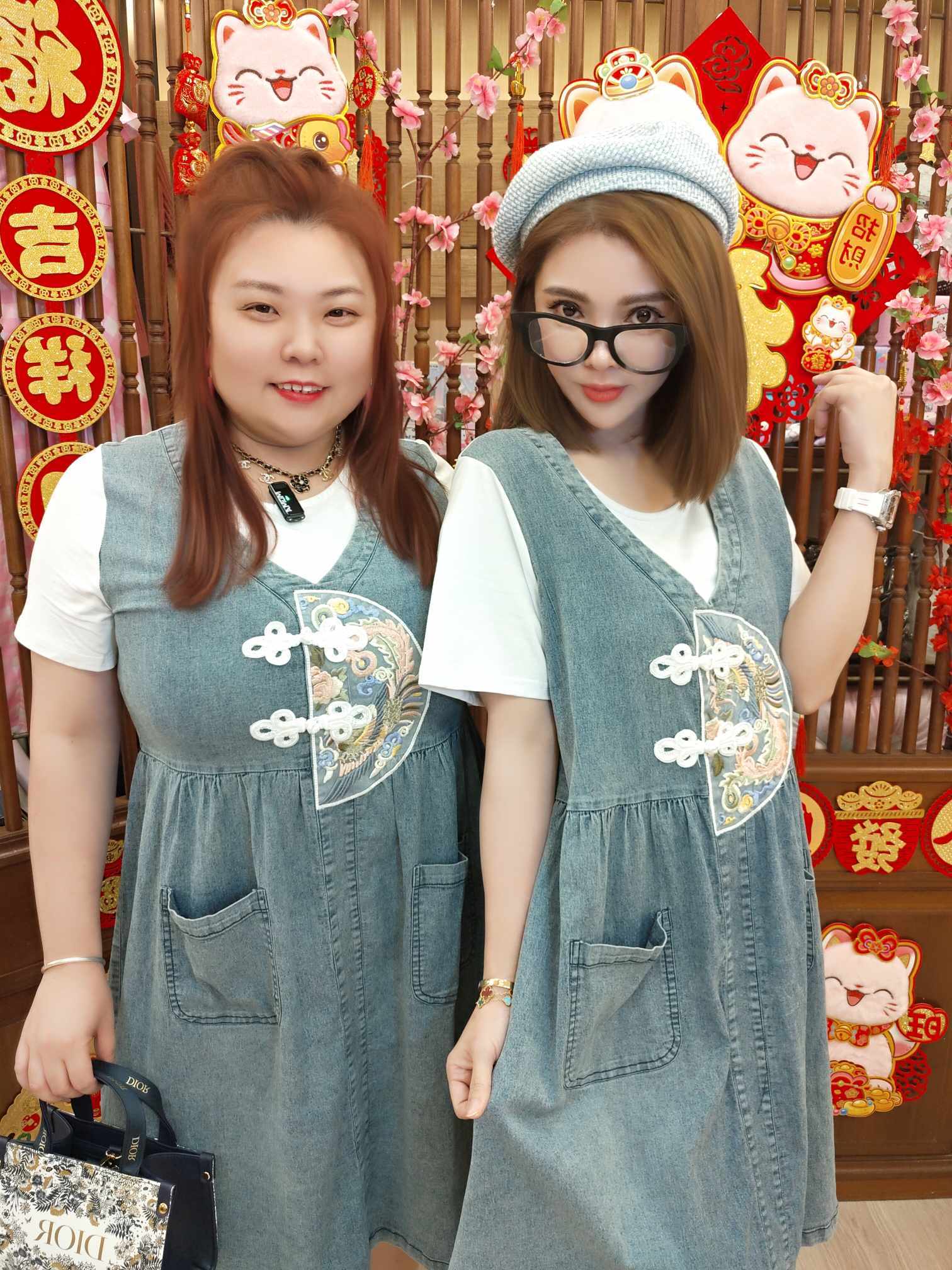 TW#5835 假两件中国风牛仔连身裙