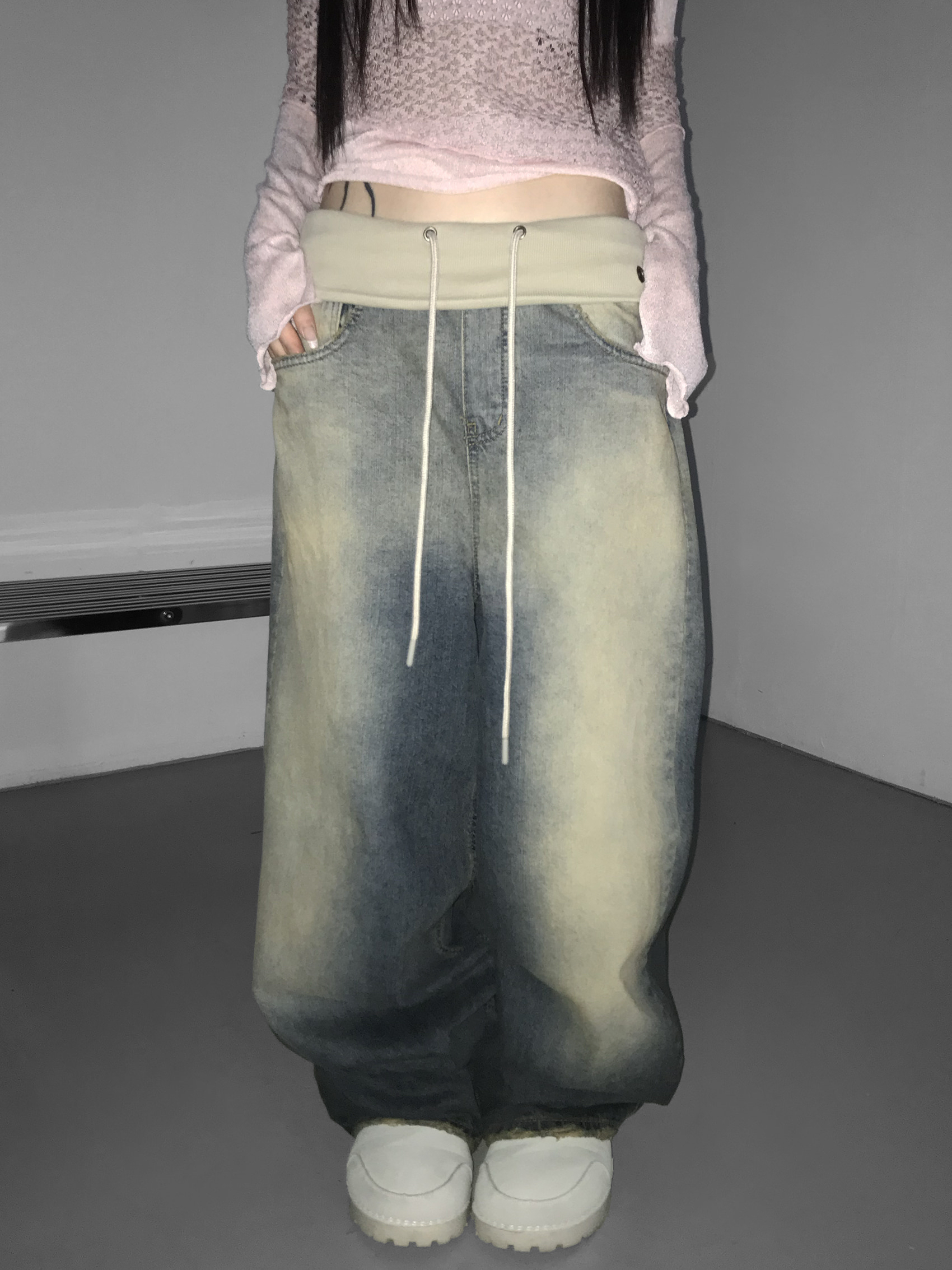 Vintage Washed Foldover-Waist Denim Pants