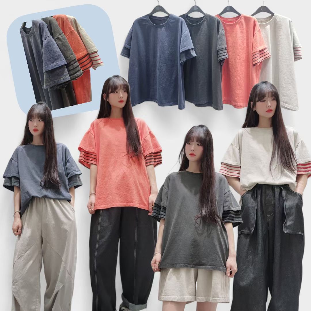 SS2611 文青條紋袖寬鬆T