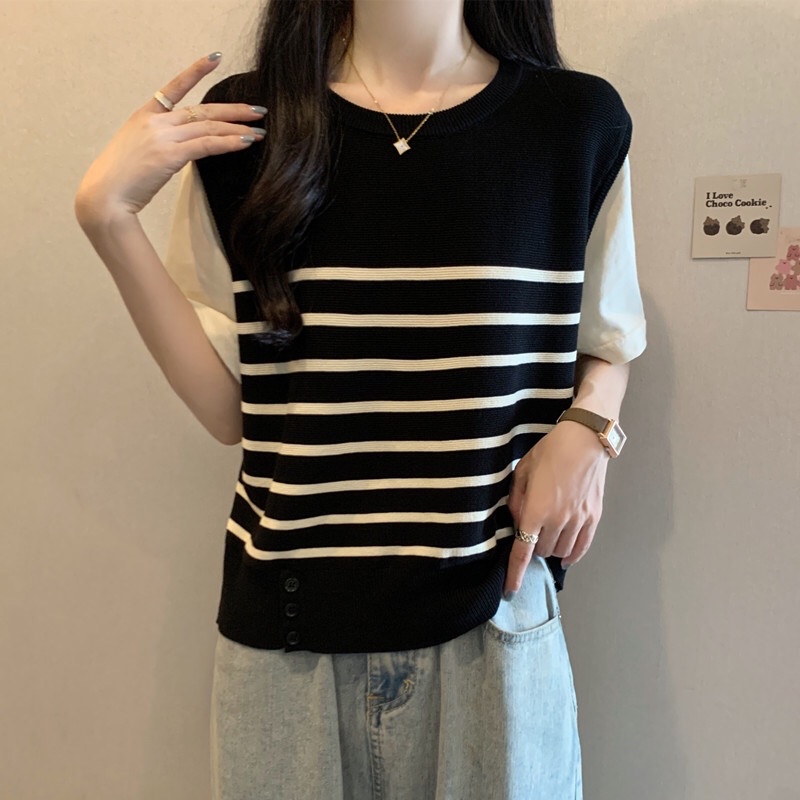  B359(876) 韩系减龄拼接杏短袖前部撞色横纹针织黑杏上衣