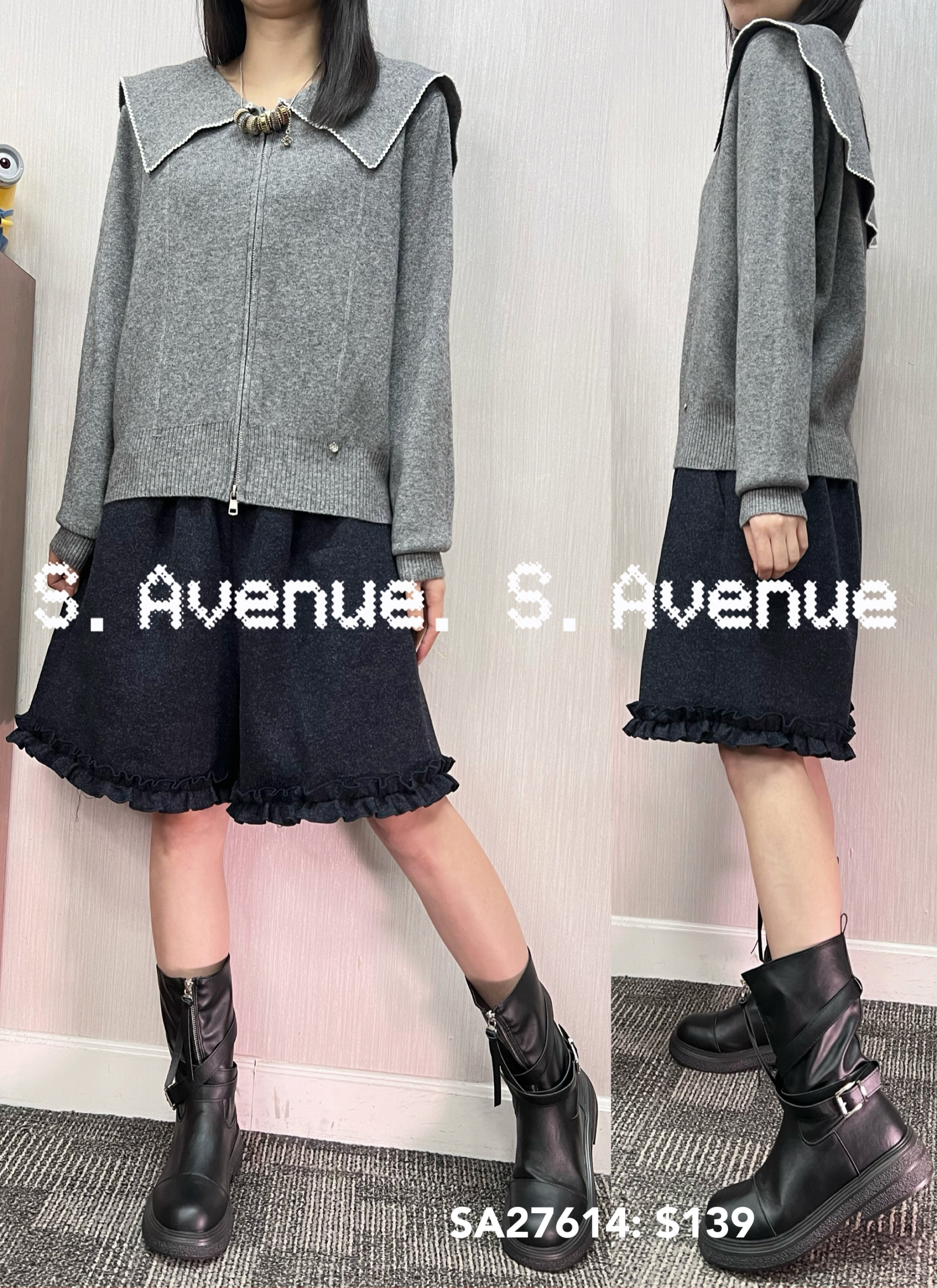 SA27614: 長袖水手領撞色邊前有骨拉鍊top