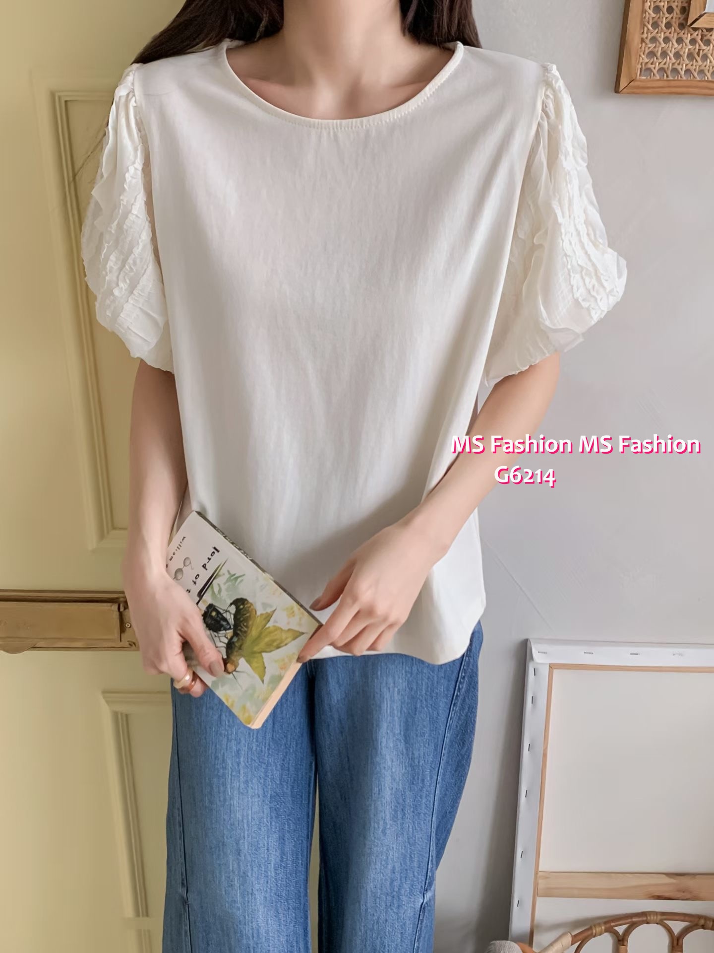 G6214 韓國🇰🇷淨色泡泡袖top