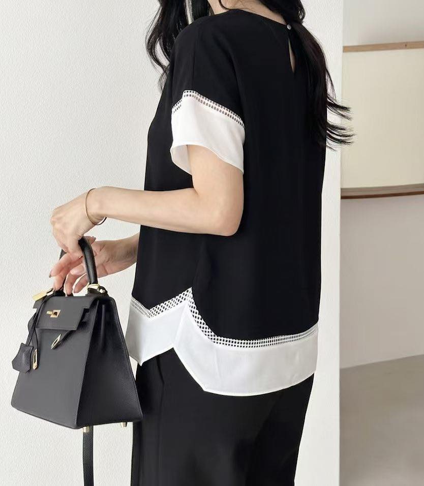 法式簡約鏤空拼接上衣
