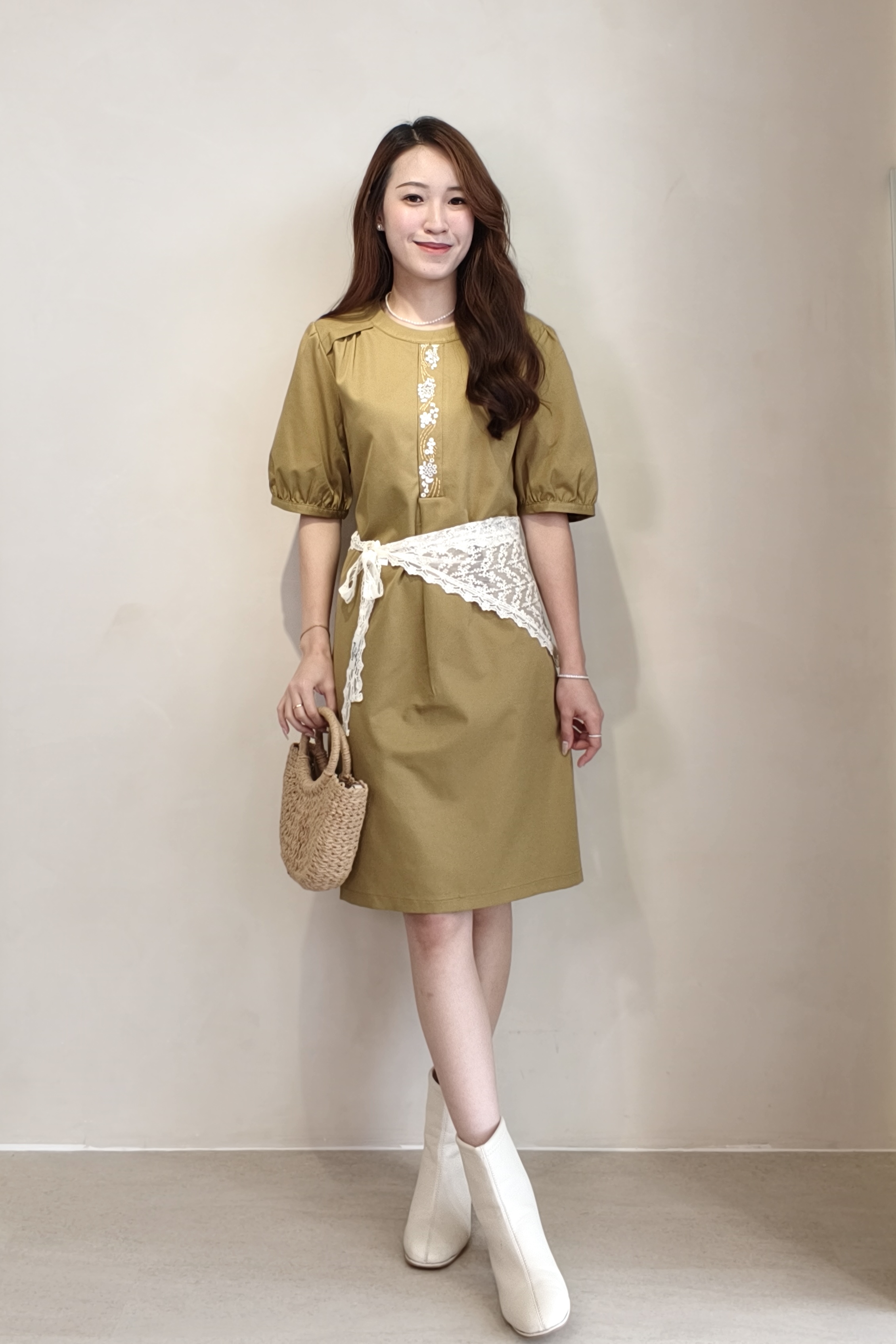 311231 Olive Lace Accent Shift Dress