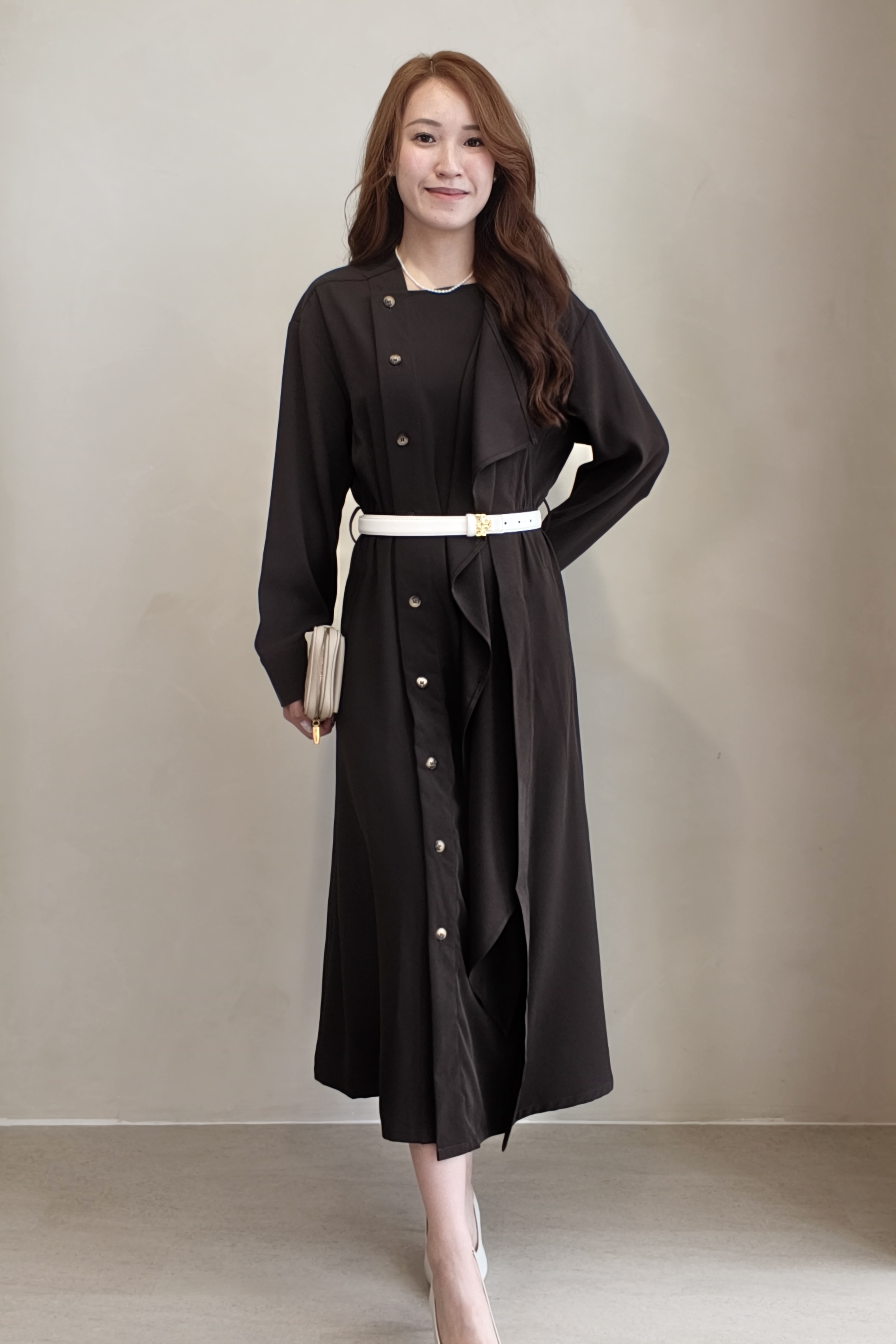 CD2092 Elegant Asymmetrical Button Tie-Waist Midi Dress