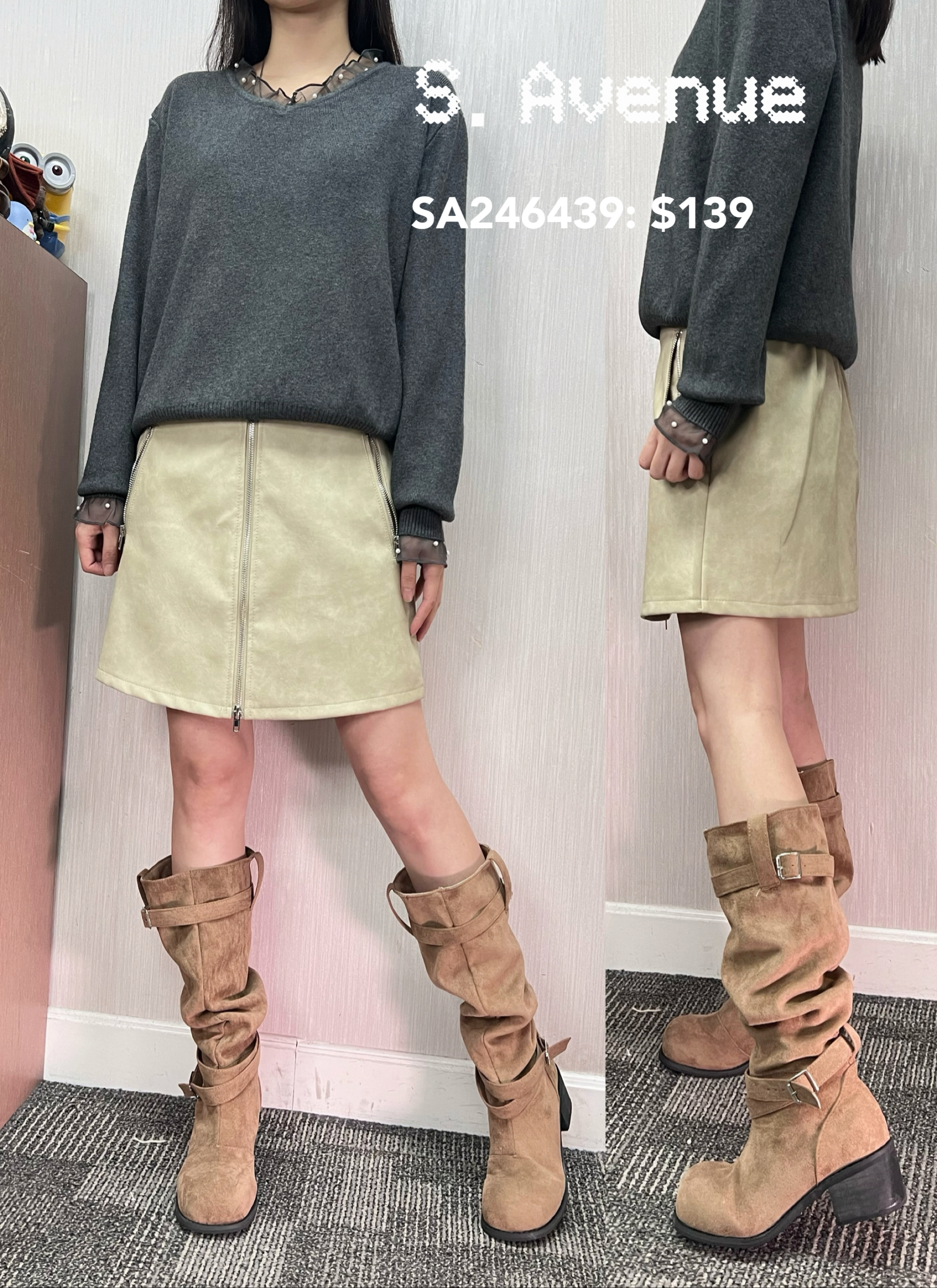 SA246439: 後橡筋腰前拉錬A字半截裙