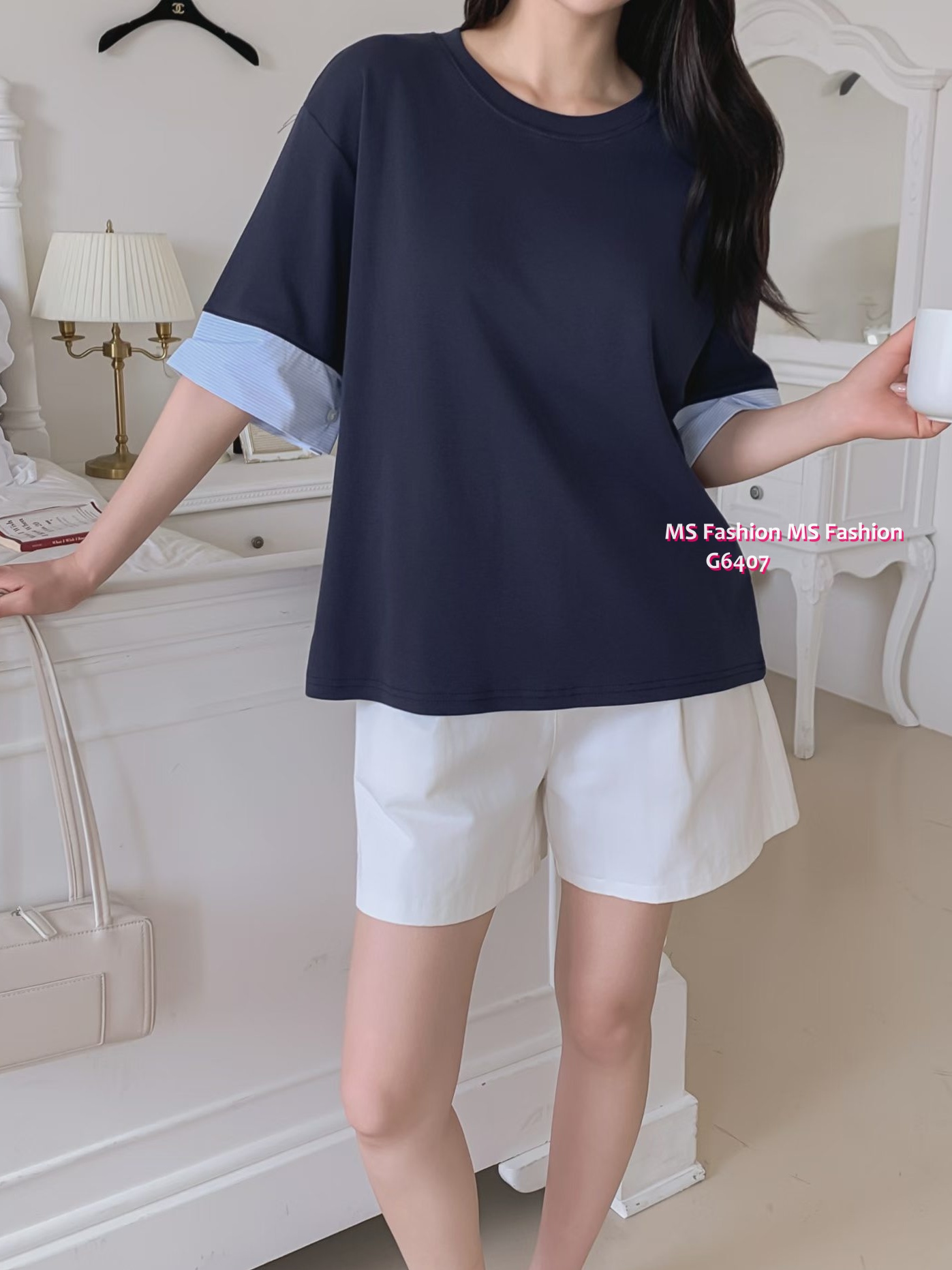 G6407 拼條子袖口top