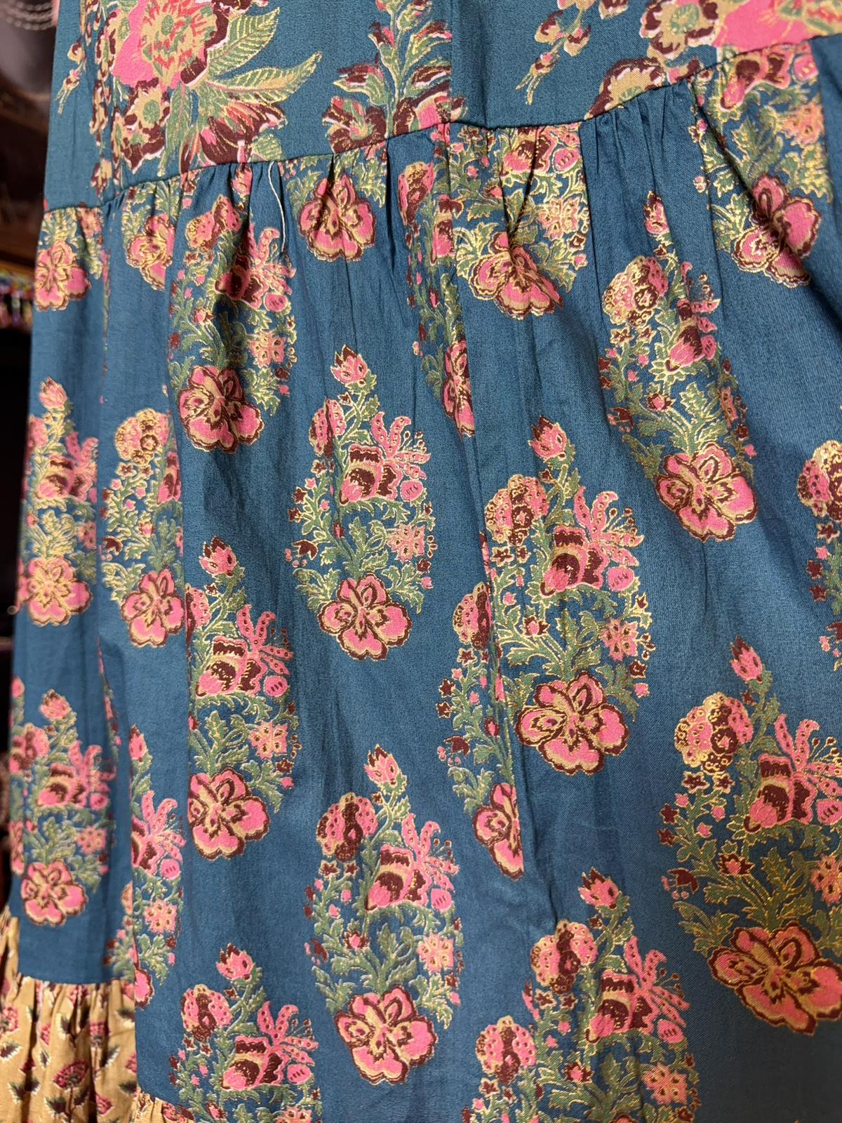 #1528 Blue Golden Floral Milktea Edge Sleeveless OP