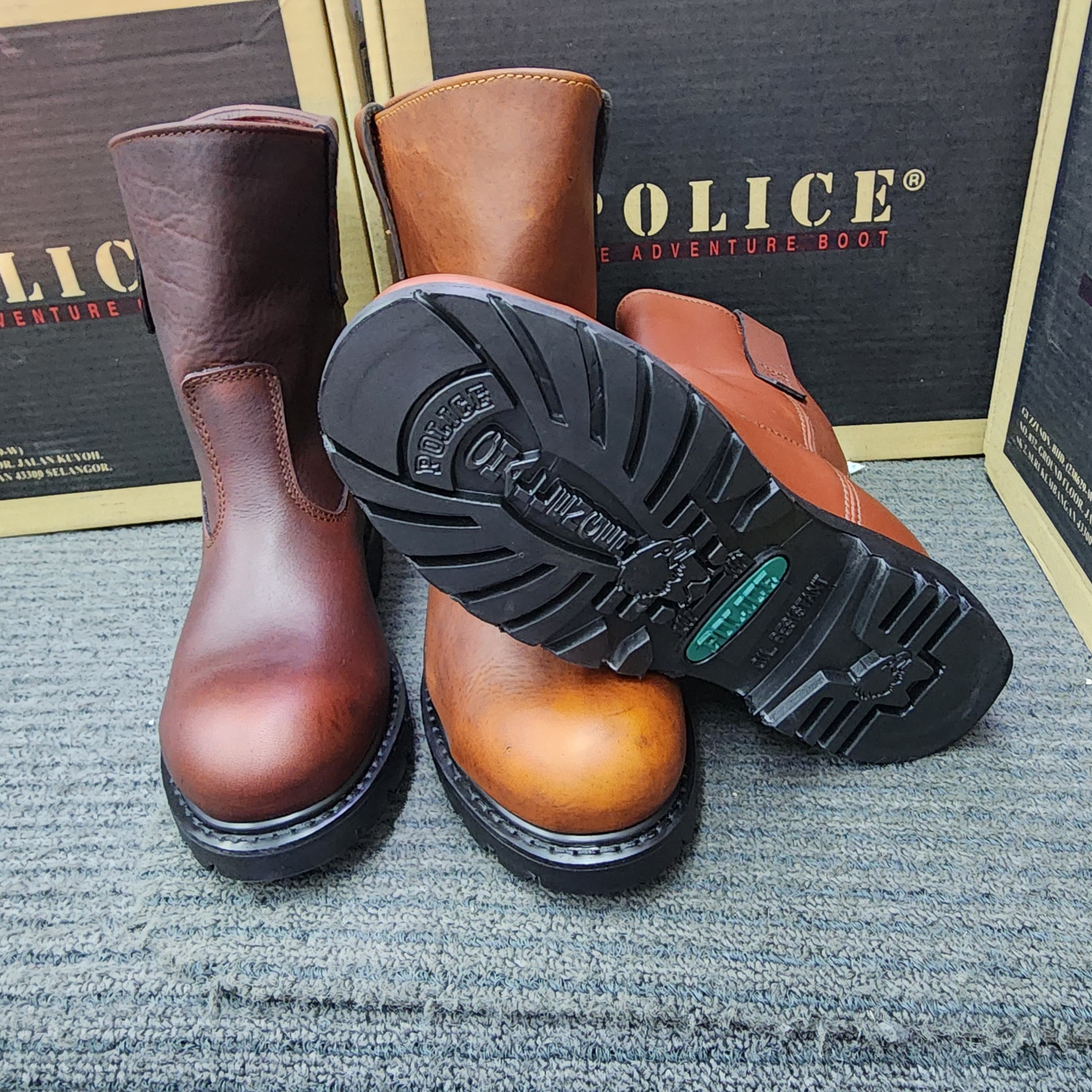 POLICE SAFETY SHOES 9123 HIGH CUT FULL LEATHER MAROON DARK MAROON BROWN BLACK GOODYEAR WELT SIRIM DOSH Kasut Keselamatan