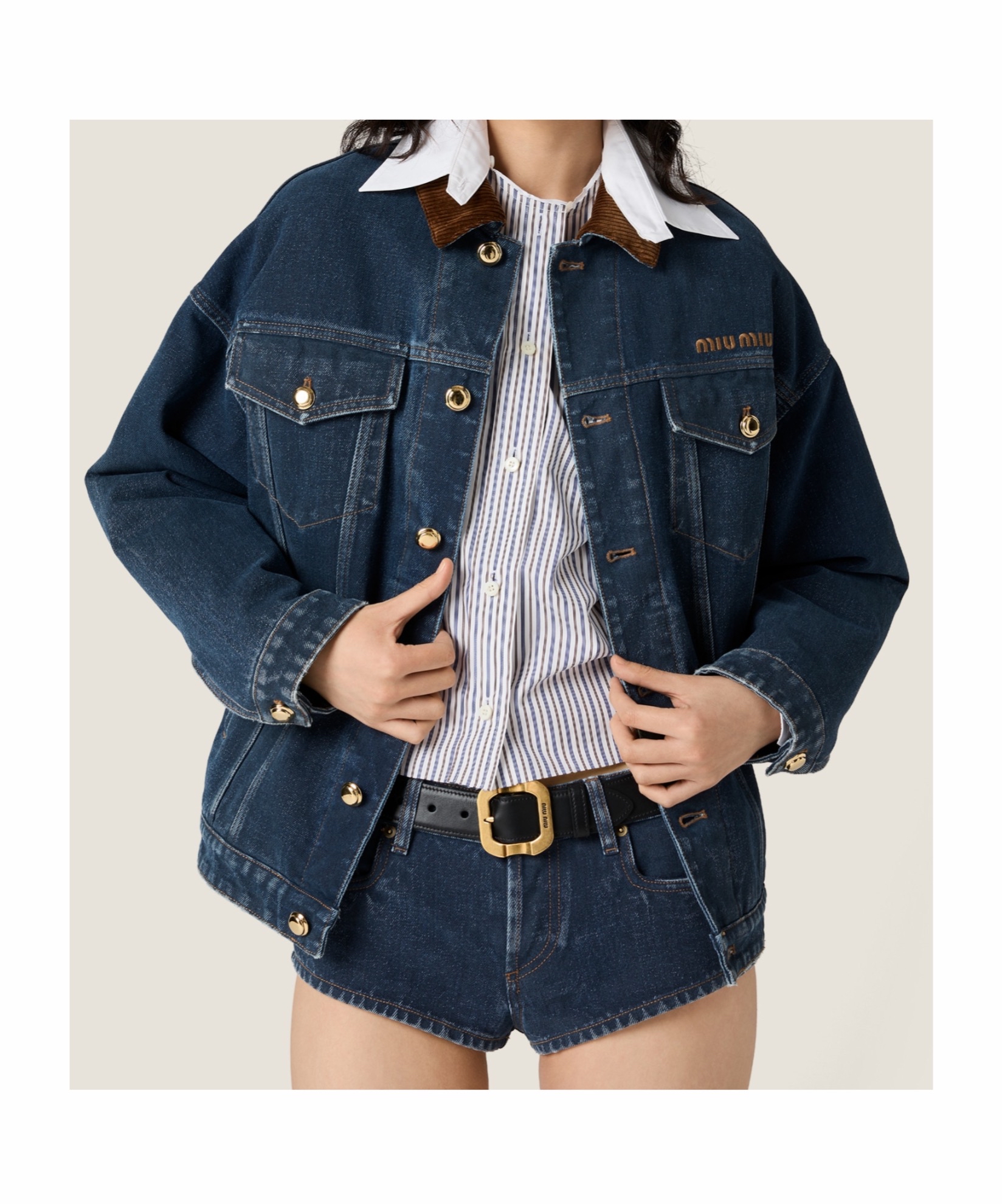 Miu Miu 女士 植绒牛仔布和天鹅绒宽松夹克IT-36 IT-38 IT-40 IT-42码模特身高180CM，穿38码 