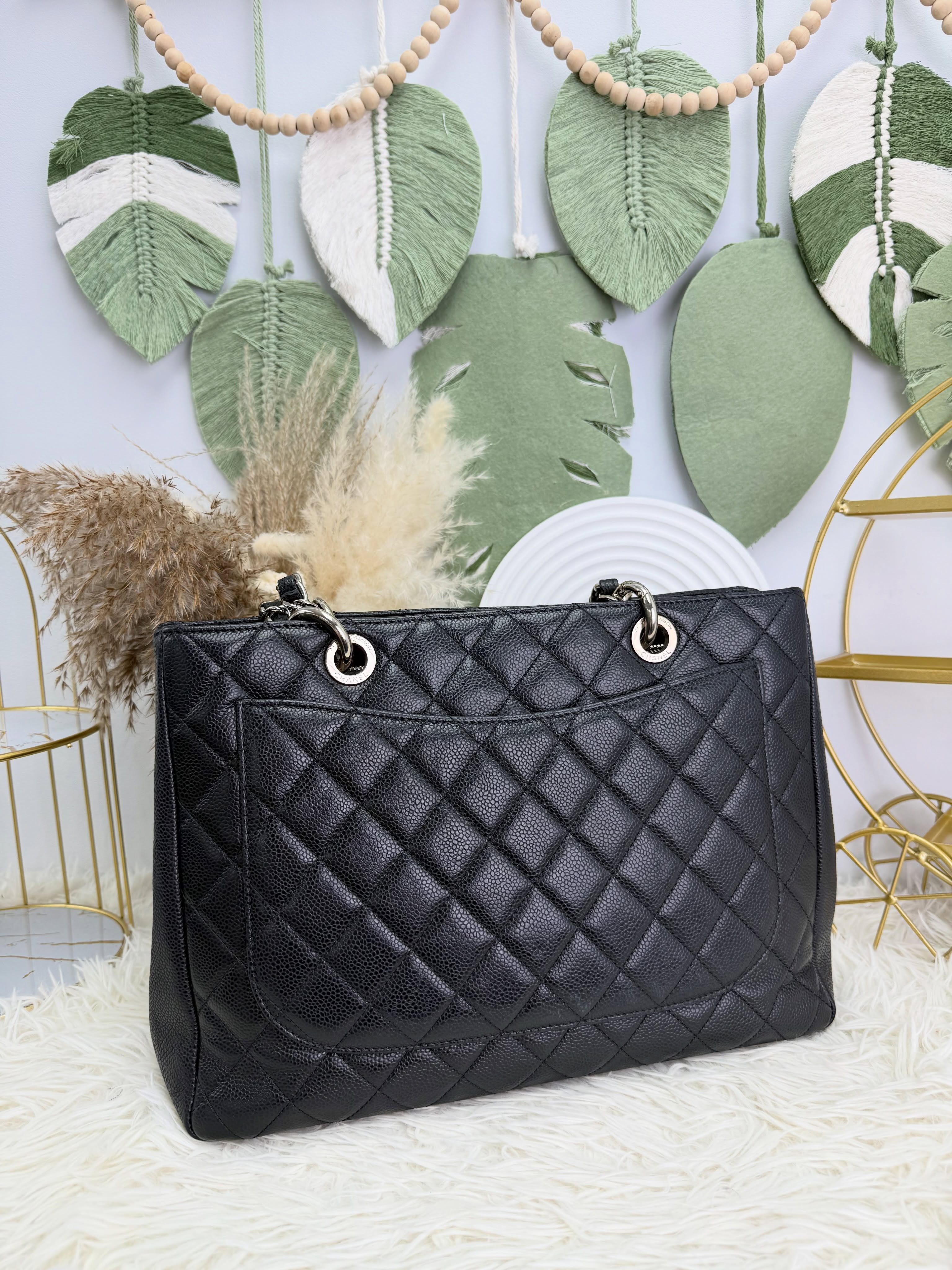 Chanel👜 PRE OWNED 🛍️Grand Shopping Tote 黑銀荔枝牛皮🖤  