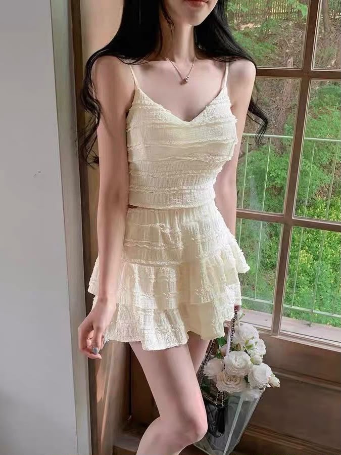 A150763 Dopamine Style Casual Two-Piece Set with Sexy Cami Top and White Tiered Mini Skirt
