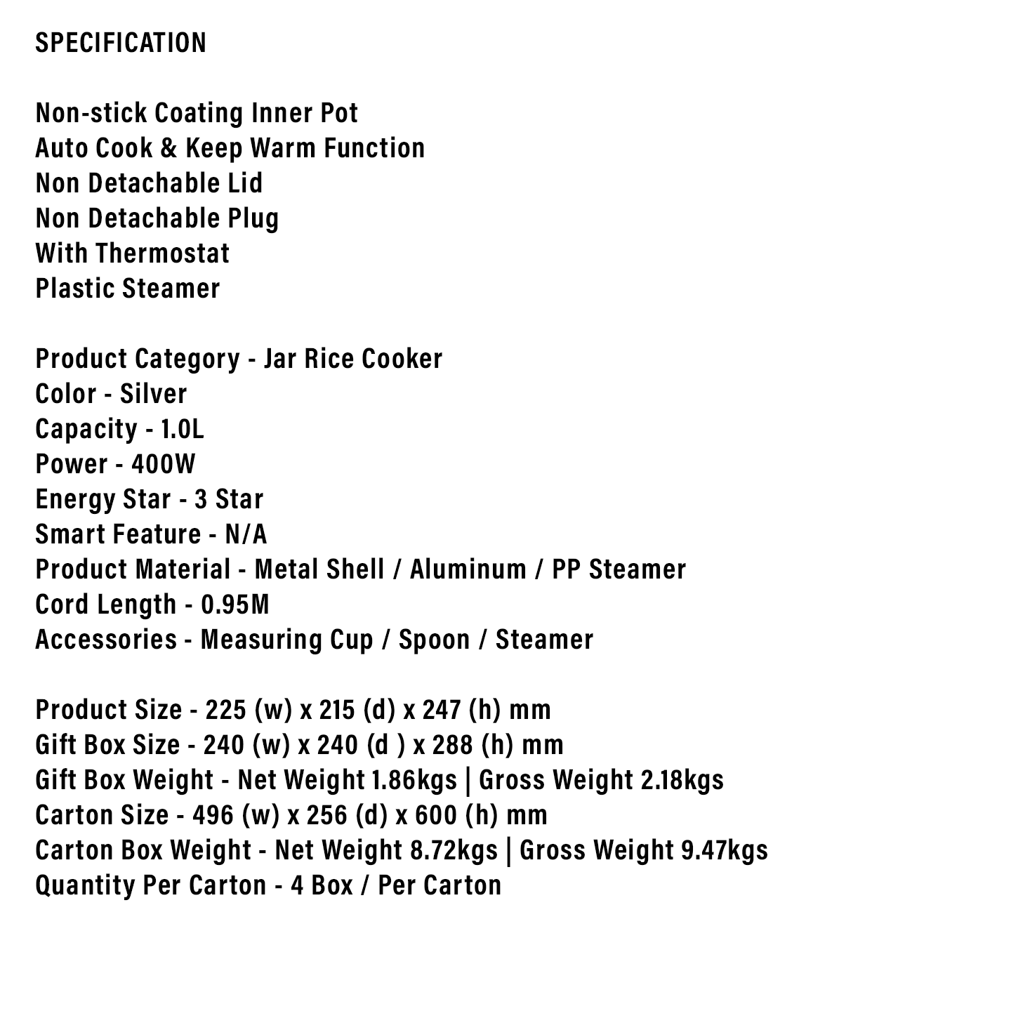 Faber 1.8L Jar Rice Cooker (FRC 3018SL)