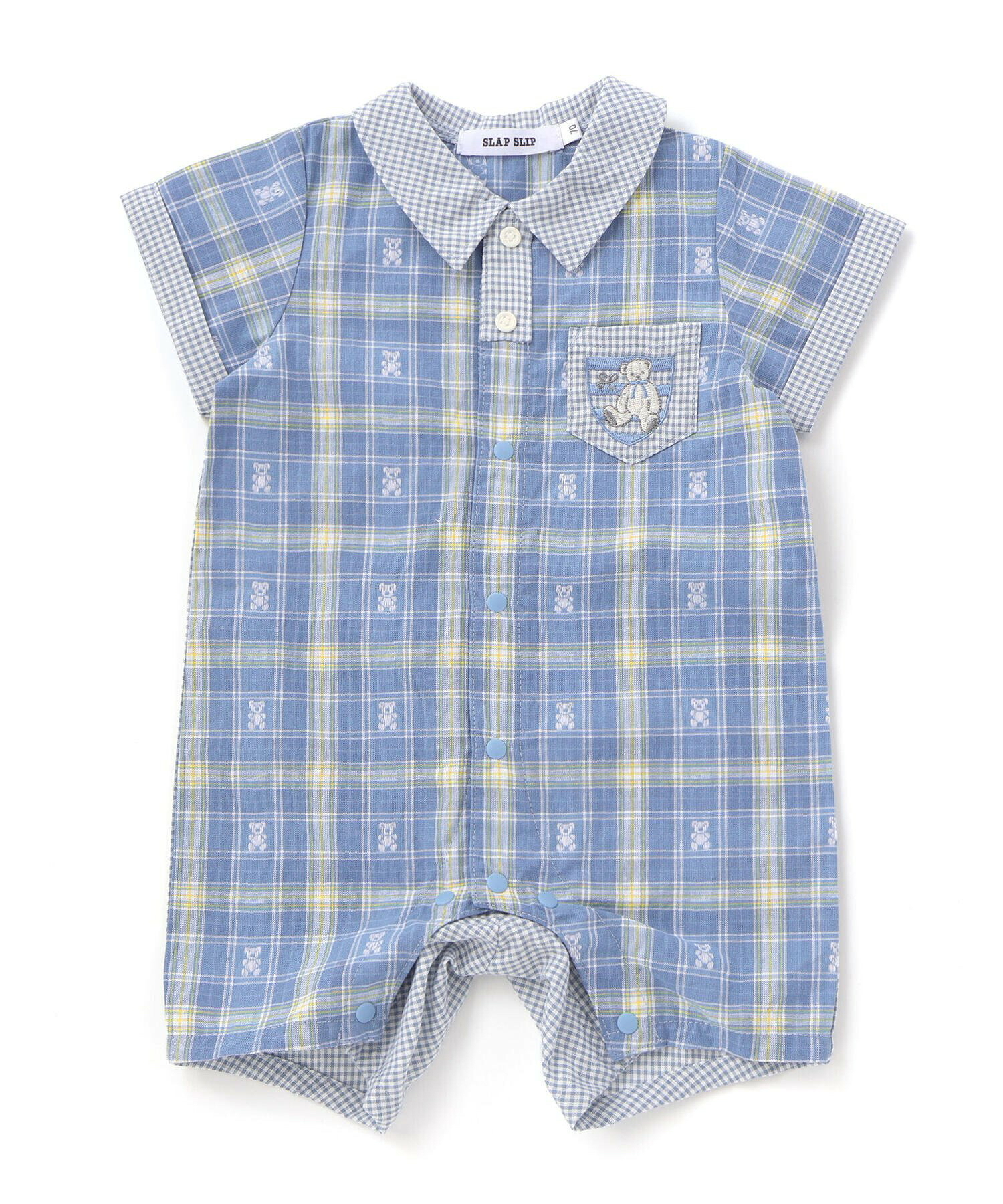 🇯🇵預訂 日本直送🇯🇵Slap Slip Baby兩色小熊刺繡口袋格紋翻領短袖連身服