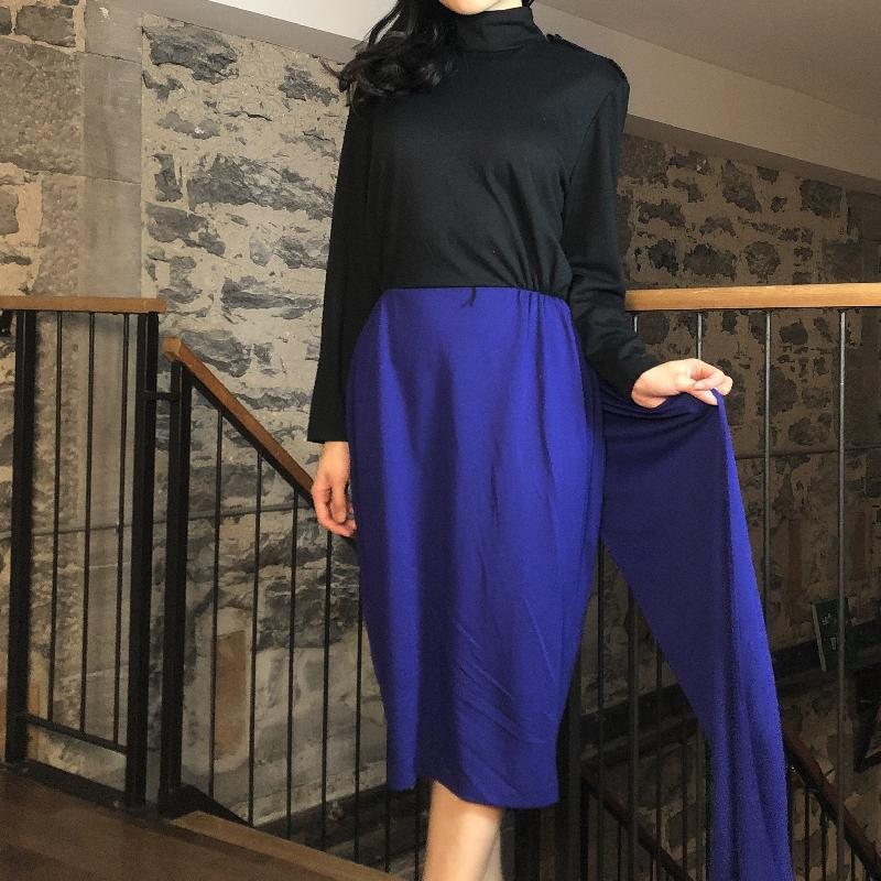 Vintage 1980s Avon Fashion Colour Block Dress with Long Sash Tail(MT474)