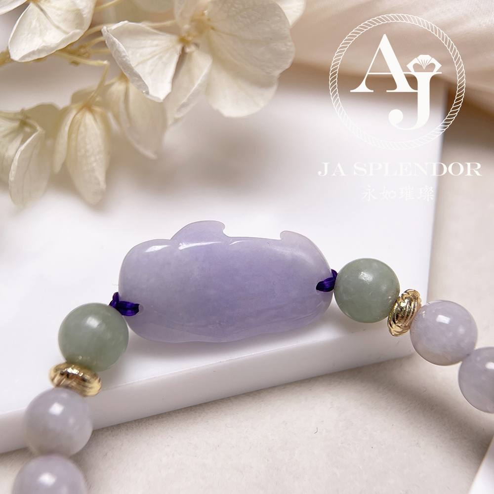 JN-353 天然翡翠A玉- 春彩濃紫蓮花清心安神編織手串 
