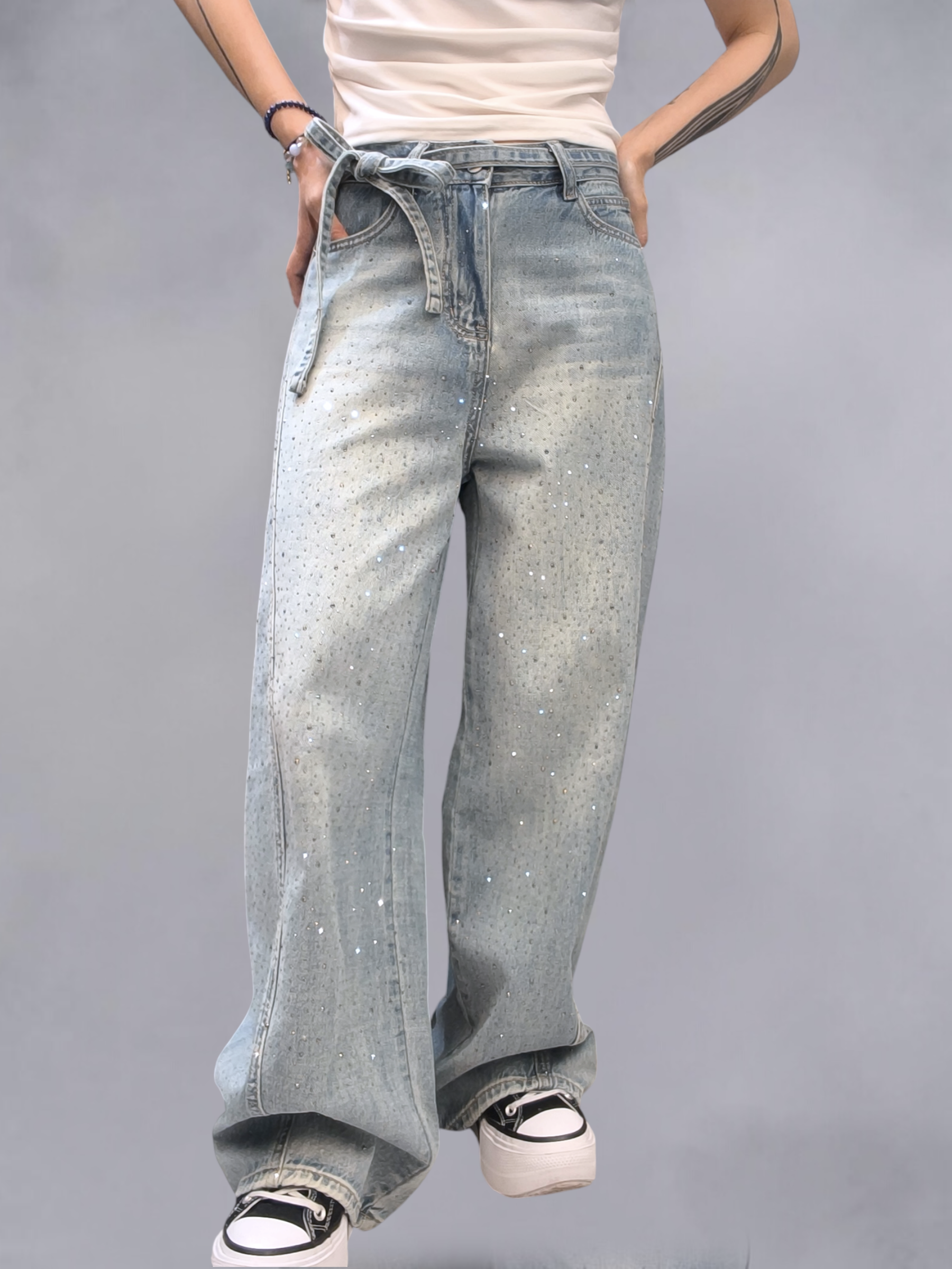 腰帶閃石牛仔褲