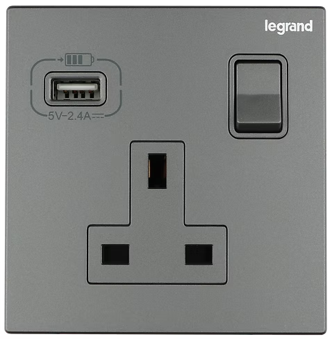 Legrand Galion 深沙銀 13A單蘇有掣連Type A USB 插座