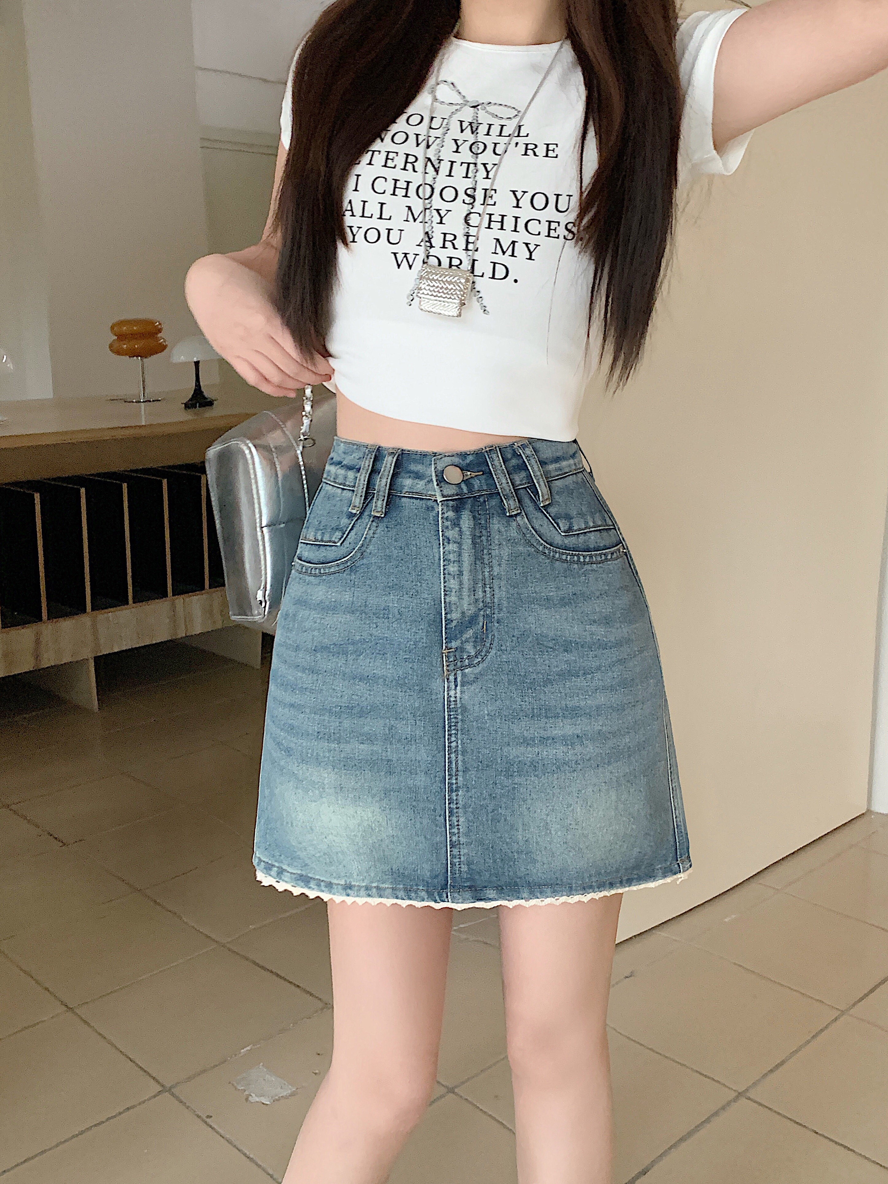 B228(65533) 韩版JEANS甜美风拼下摆边蕾丝蓝短裙