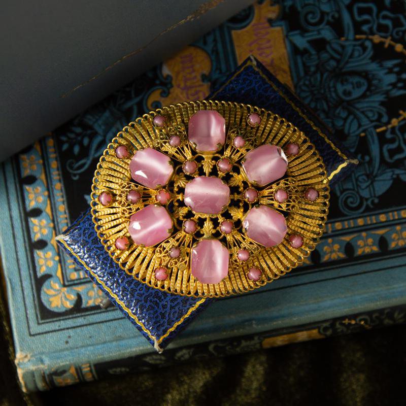 Antique Early 20th Century Czechoslovakia Moonglow Pink Glass Statement Brooch (AI075)